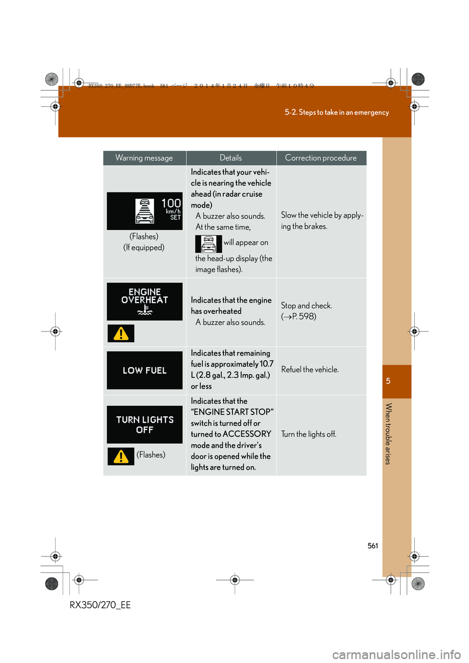 LEXUS RX270 2014  Owners Manual 5
561
5-2. Steps to take in an emergency
When trouble arises
RX350/270_EE
(Flashes)
(If equipped)
Indicates that your vehi-
cle is nearing the vehicle 
ahead (in radar cruise 
mode)
A buzzer also soun