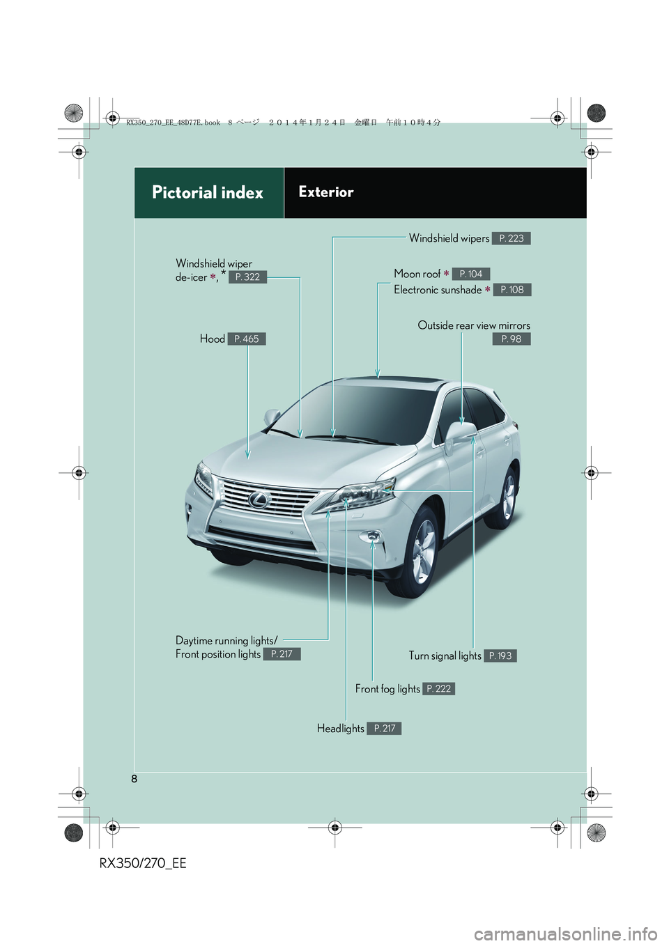LEXUS RX270 2014  Owners Manual RX350/270_EE
8
Pictorial indexExterior
Headlights P. 217
Front fog lights P. 222
Turn signal lights P. 193
Windshield wipers P. 223
Moon roof ∗ 
Electronic sunshade 
∗ 
P. 104
P. 108
Outside rear 