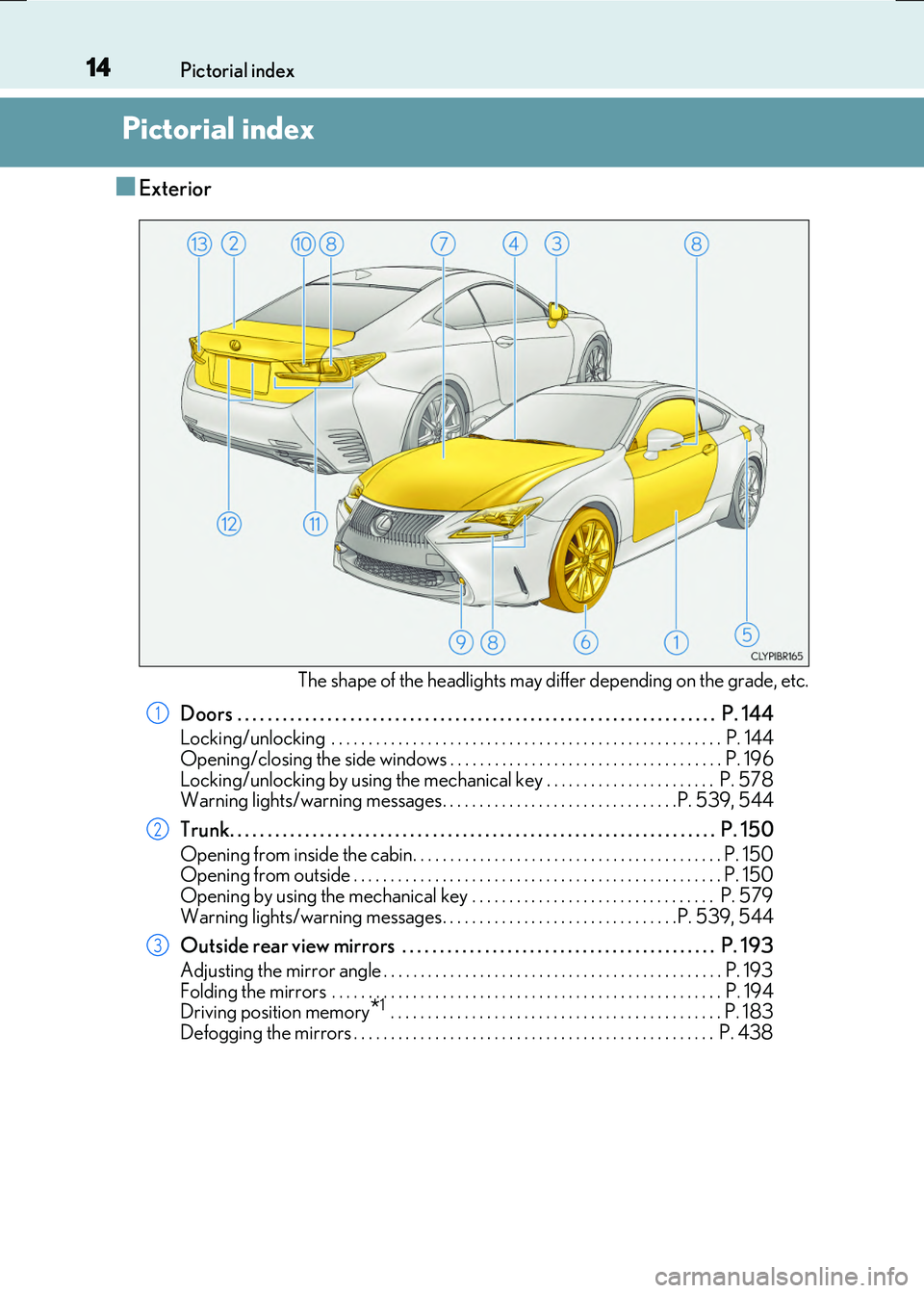 LEXUS RX300H 2017 User Guide 14
RC300h_EE(OM24740E)
Pictorial index
Pictorial index
■Exterior
The shape of the headlights may differ depending on the grade, etc.
Doors . . . . . . . . . . . . . . . . . . . . . . . . . . . . . LEXUS RX300H 2017 User Guide 14
RC300h_EE(OM24740E)
Pictorial index
Pictorial index
■Exterior
The shape of the headlights may differ depending on the grade, etc.
Doors . . . . . . . . . . . . . . . . . . . . . . . . . . . . .