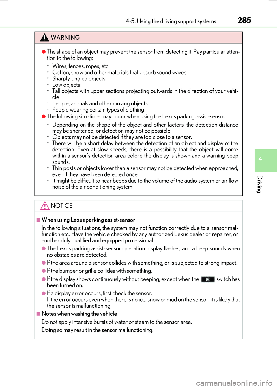 LEXUS RX300H 2017 Service Manual 2854-5. Using the driving support systems
4
Driving
RC300h_EE(OM24740E)
WARNING
●The shape of an object may prevent the sensor from detecting it. Pay particular atten- tion to the following:
• Wi LEXUS RX300H 2017 Service Manual 2854-5. Using the driving support systems
4
Driving
RC300h_EE(OM24740E)
WARNING
●The shape of an object may prevent the sensor from detecting it. Pay particular atten- tion to the following:
• Wi
