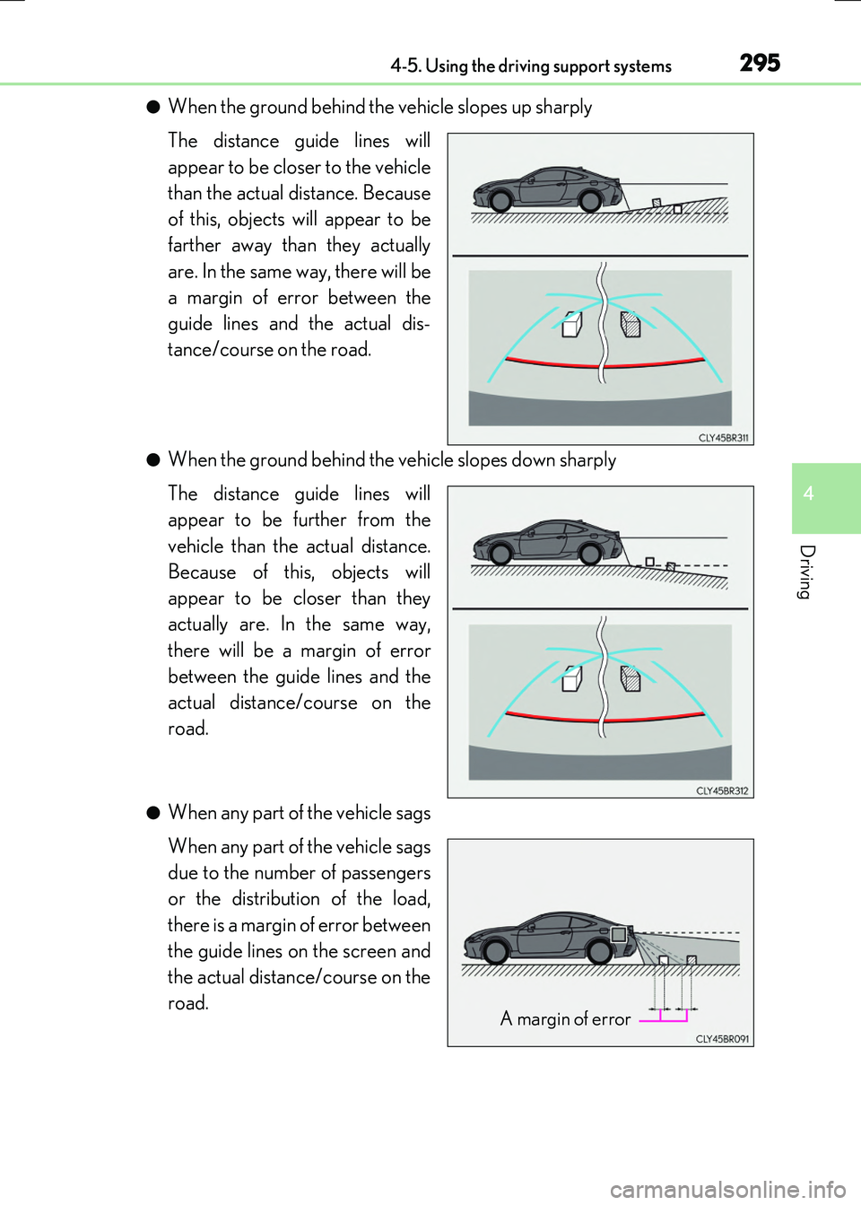 LEXUS RX300H 2017  Owners Manual 2954-5. Using the driving support systems
4
Driving
RC300h_EE(OM24740E)
●When the ground behind the vehicle slopes up sharply 
The distance guide lines will 
appear to be closer to the vehicle 
than