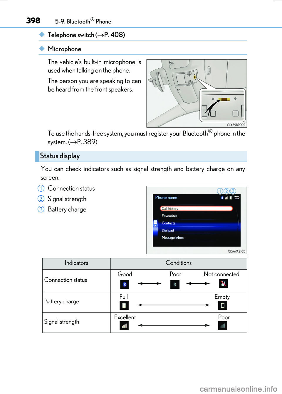 LEXUS RX300H 2017 Owners Manual 3985-9. Bluetooth® Phone
RC300h_EE(OM24740E)
◆Telephone switch (P. 408)
◆Microphone
The vehicle’s built-in microphone is
used when talking on the phone.
The person you are speaking to can LEXUS RX300H 2017 Owners Manual 3985-9. Bluetooth® Phone
RC300h_EE(OM24740E)
◆Telephone switch (P. 408)
◆Microphone
The vehicle’s built-in microphone is
used when talking on the phone.
The person you are speaking to can