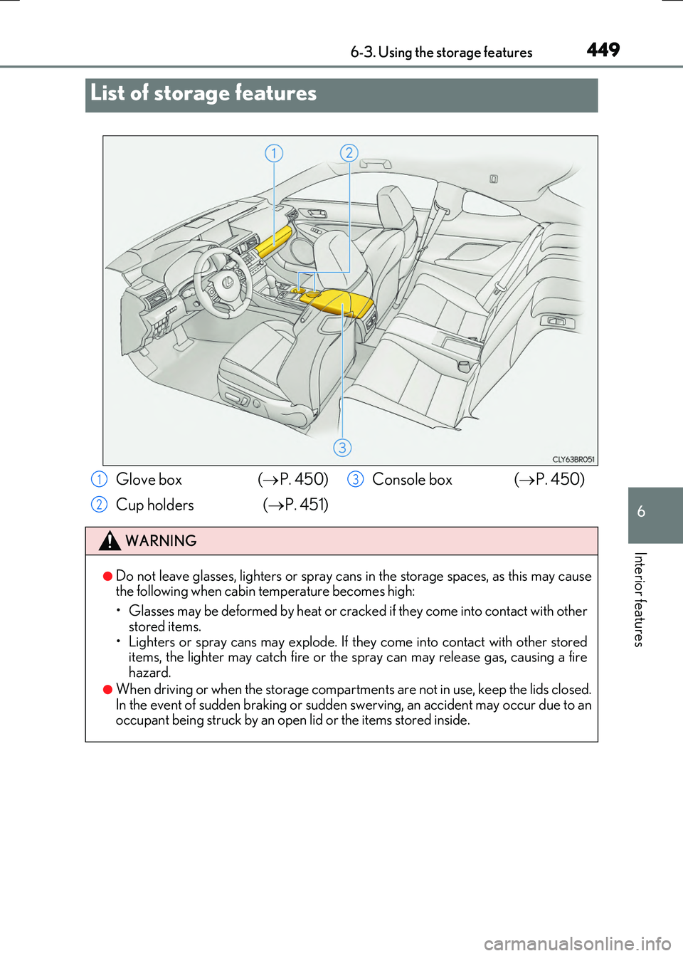 LEXUS RX300H 2017  Owners Manual 449
RC300h_EE(OM24740E)
6
Interior features
6-3. Using the storage features
List of storage features
Glove box  (P. 450) 
Cup holders ( P. 451) 
Console box  ( P. 450)
WARNING
●Do not leave