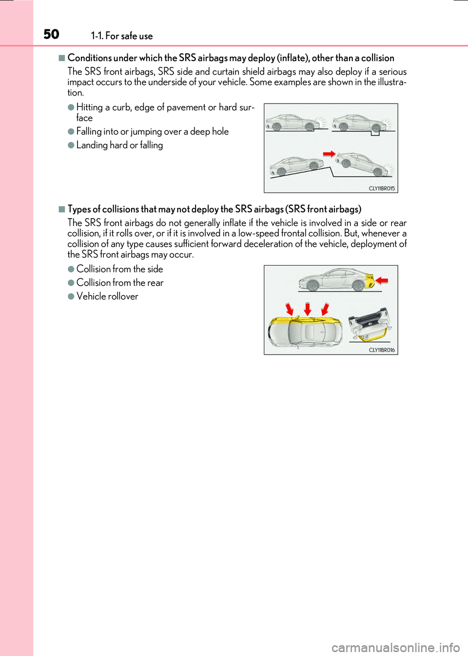 LEXUS RX300H 2017 Service Manual 501-1. For safe use
RC300h_EE(OM24740E)
■Conditions under which the SRS airbags may deploy (inflate), other than a collision
The SRS front airbags, SRS side and curtain sh ield airbags may also de LEXUS RX300H 2017 Service Manual 501-1. For safe use
RC300h_EE(OM24740E)
■Conditions under which the SRS airbags may deploy (inflate), other than a collision
The SRS front airbags, SRS side and curtain sh ield airbags may also de