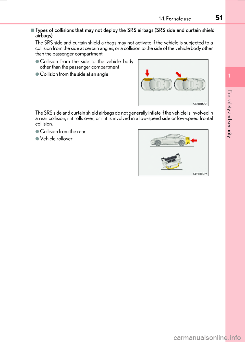 LEXUS RX300H 2017 Workshop Manual 511-1. For safe use
1
For safety and security
RC300h_EE(OM24740E)
■Types of collisions that may not deploy the SRS airbags (SRS side and curtain shield airbags)
The SRS side and curtain shield airb LEXUS RX300H 2017 Workshop Manual 511-1. For safe use
1
For safety and security
RC300h_EE(OM24740E)
■Types of collisions that may not deploy the SRS airbags (SRS side and curtain shield airbags)
The SRS side and curtain shield airb
