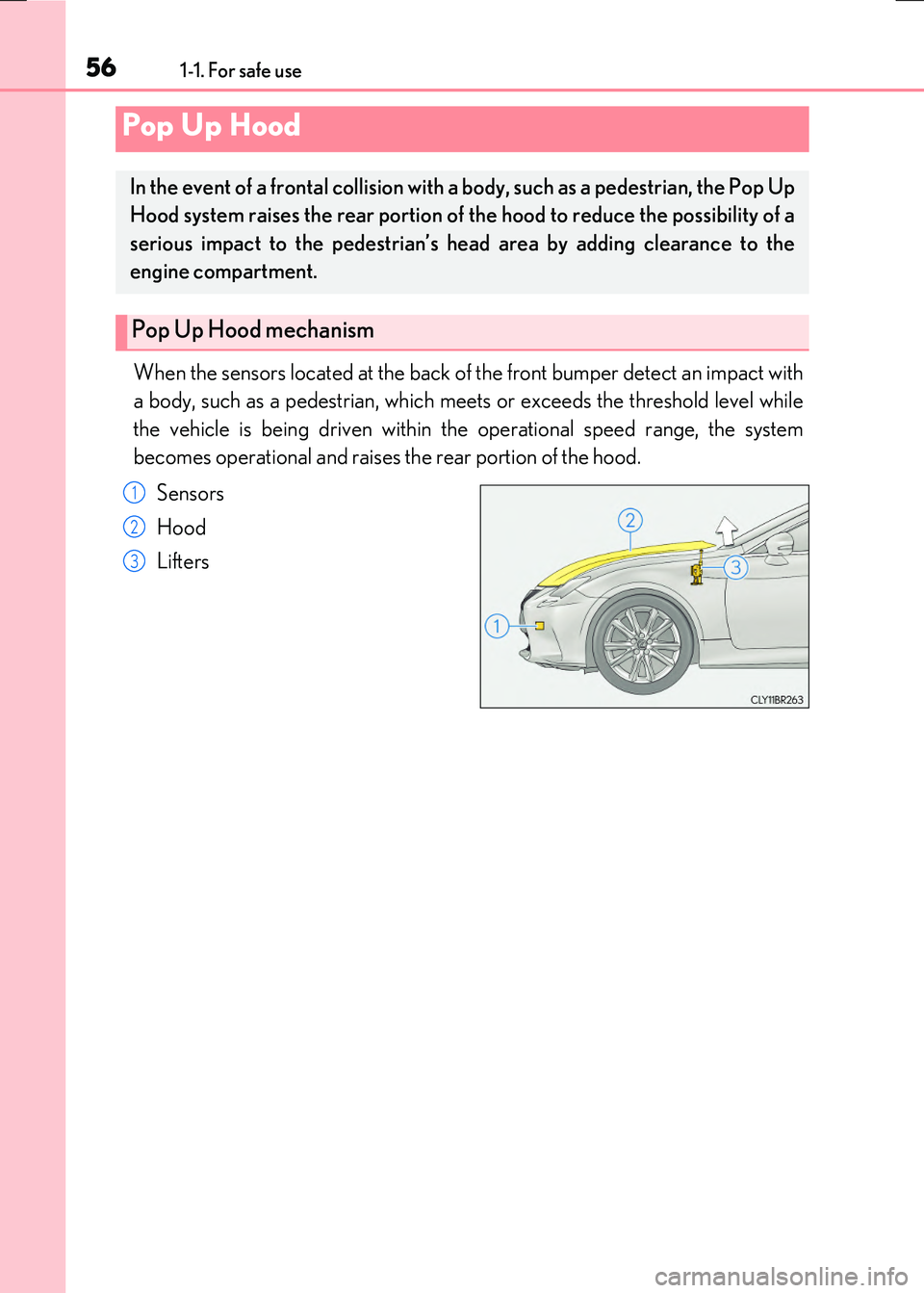 LEXUS RX300H 2017  Owners Manual 561-1. For safe use
RC300h_EE(OM24740E)
When the sensors located at the back of the front bumper detect an impact with 
a body, such as a pedestrian, which meet s or exceeds the threshold level while 