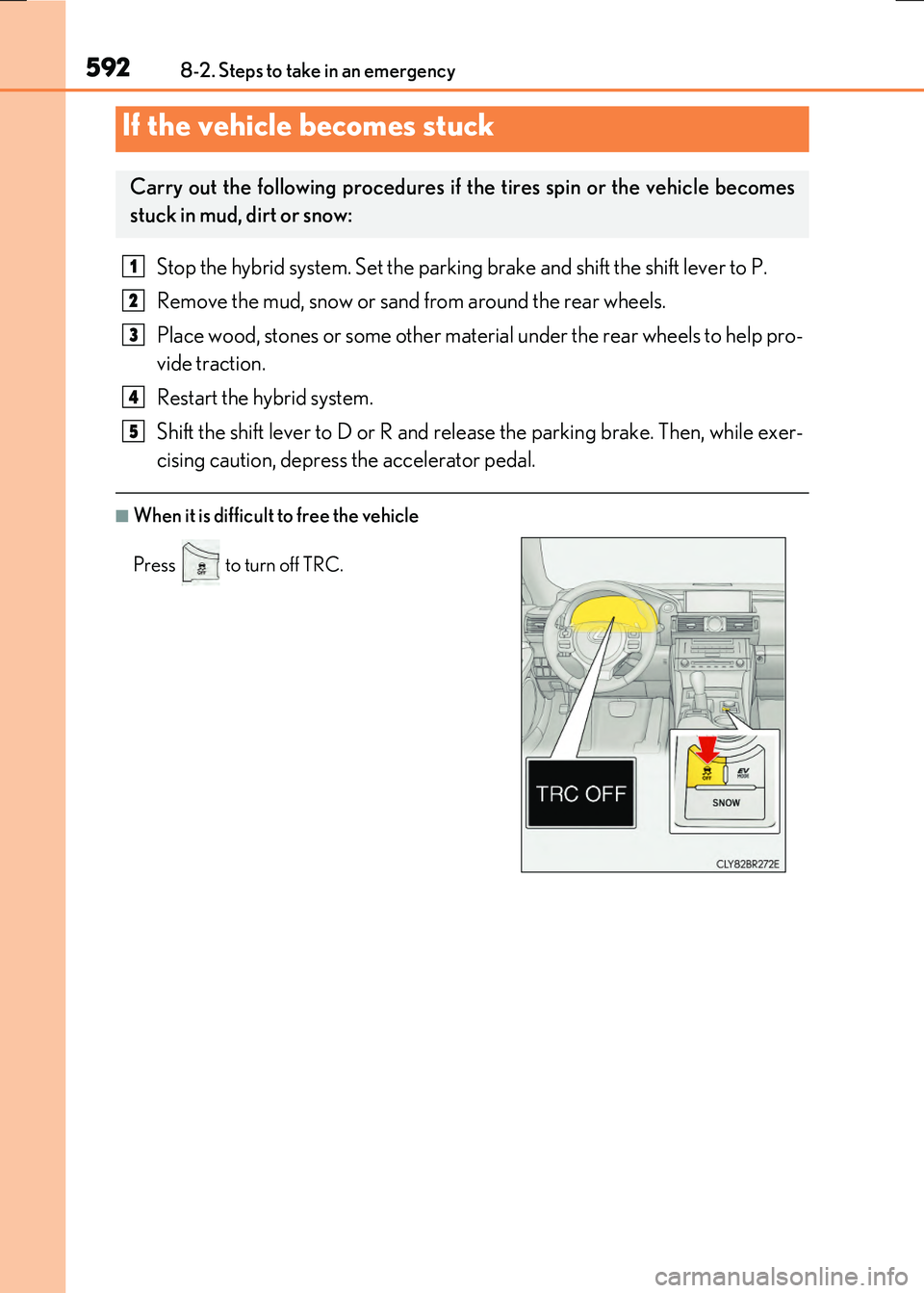LEXUS RX300H 2017  Owners Manual 5928-2. Steps to take in an emergency
RC300h_EE(OM24740E)
Stop the hybrid system. Set the parking brake and shift the shift lever to P. 
Remove the mud, snow or sand from around the rear wheels. 
Plac