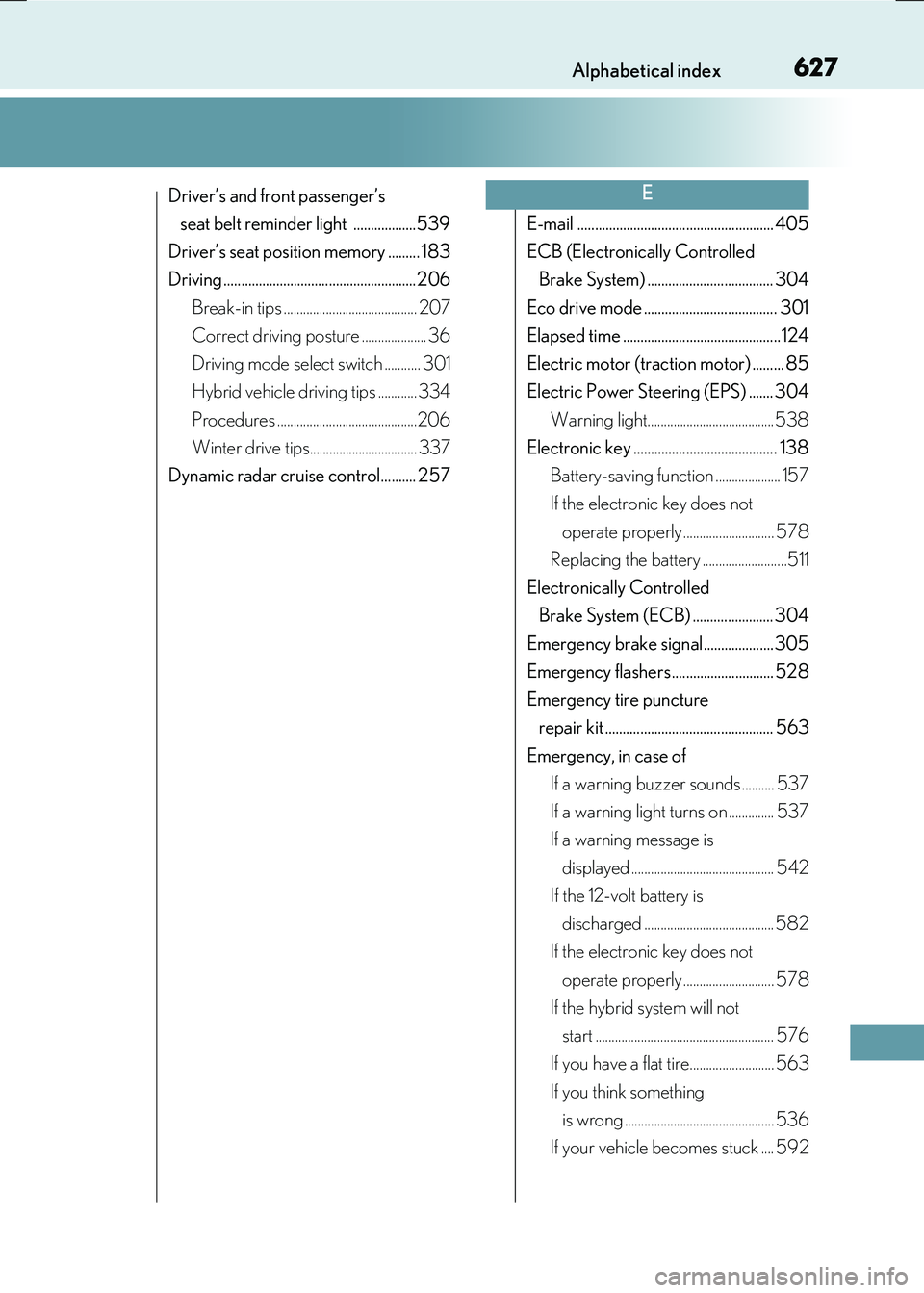 LEXUS RX300H 2017  Owners Manual 627Alphabetical index
RC300h_EE(OM24740E)
Driver’s and front passenger’s  
seat belt reminder light  ..................539 
Driver’s seat position memory ......... 183 
Driving .................