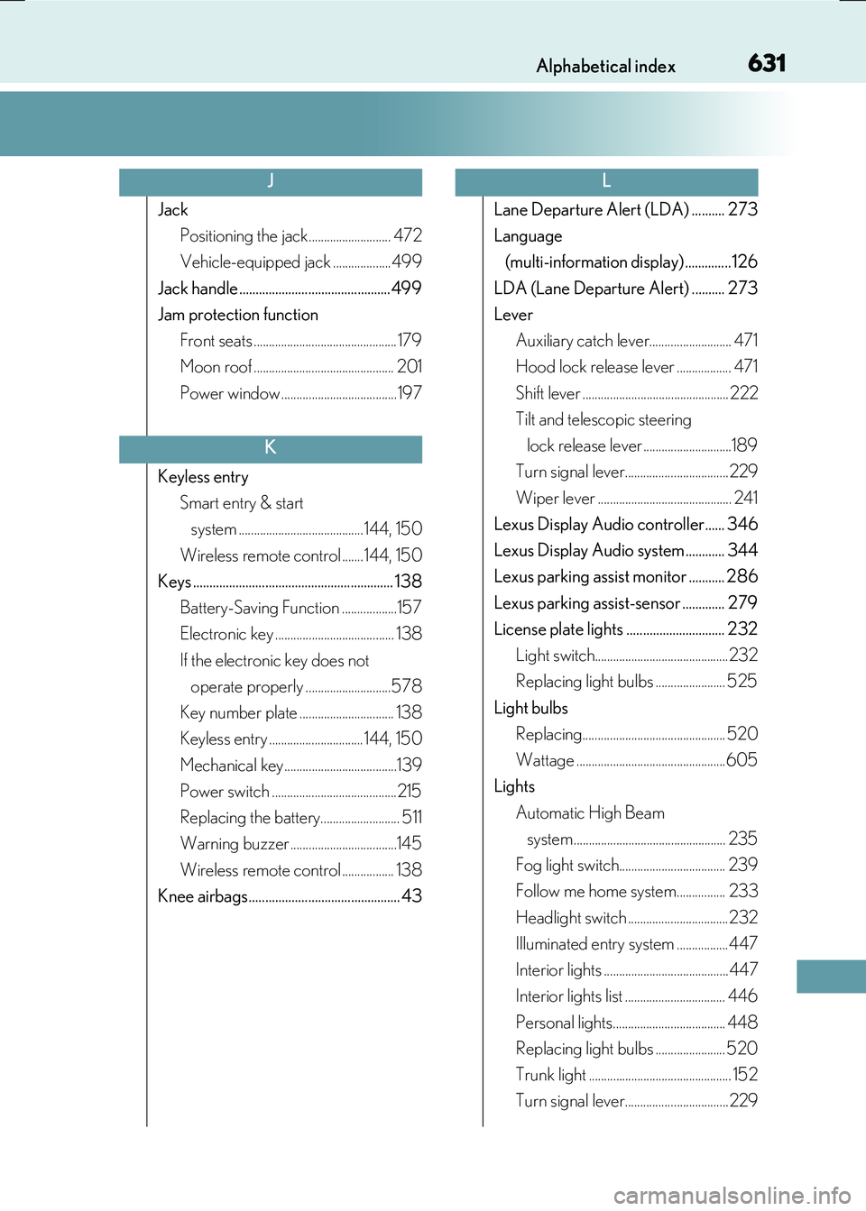 LEXUS RX300H 2017 Manual PDF 631Alphabetical index
RC300h_EE(OM24740E)
Jack 
Positioning the jack........................... 472 
Vehicle-equipped jack ...................499 
Jack handle .........................................