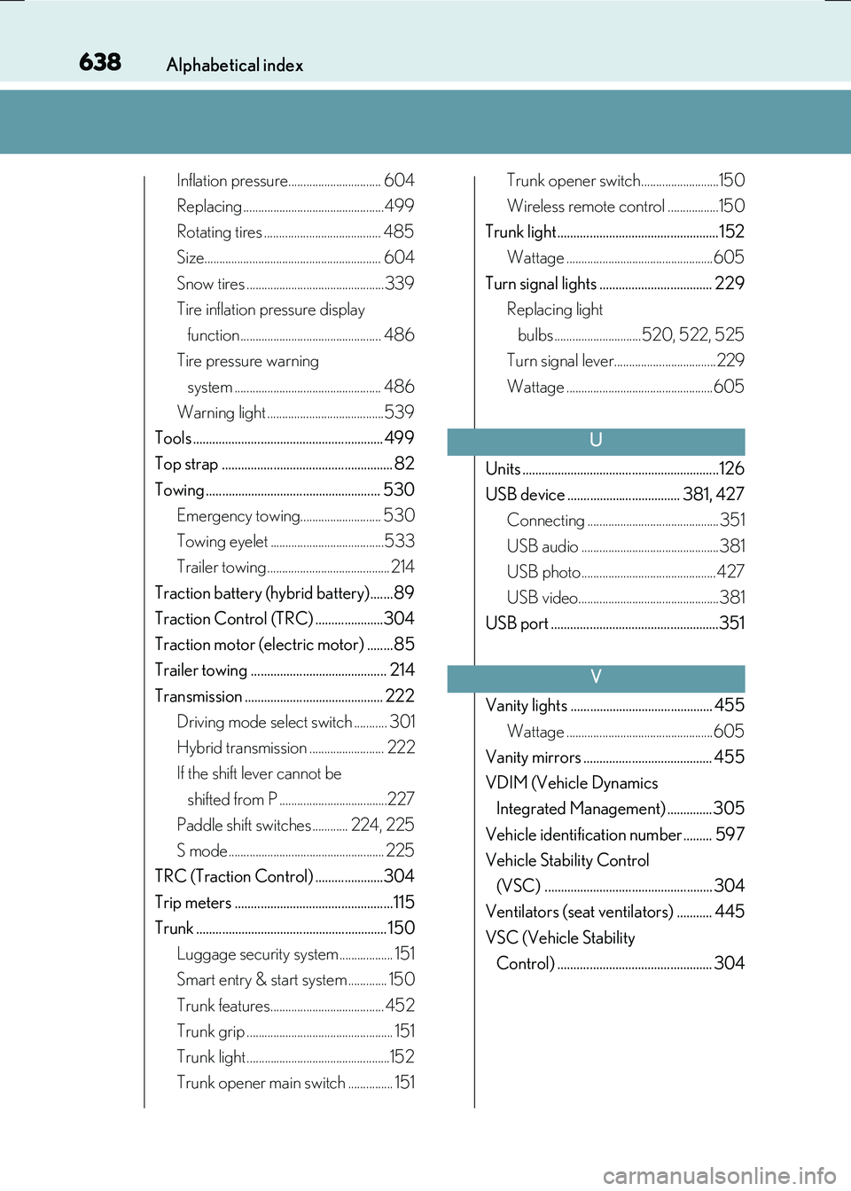 LEXUS RX300H 2017  Owners Manual 638Alphabetical index
RC300h_EE(OM24740E)
Inflation pressure............................... 604 
Replacing ...............................................499 
Rotating tires ..........................