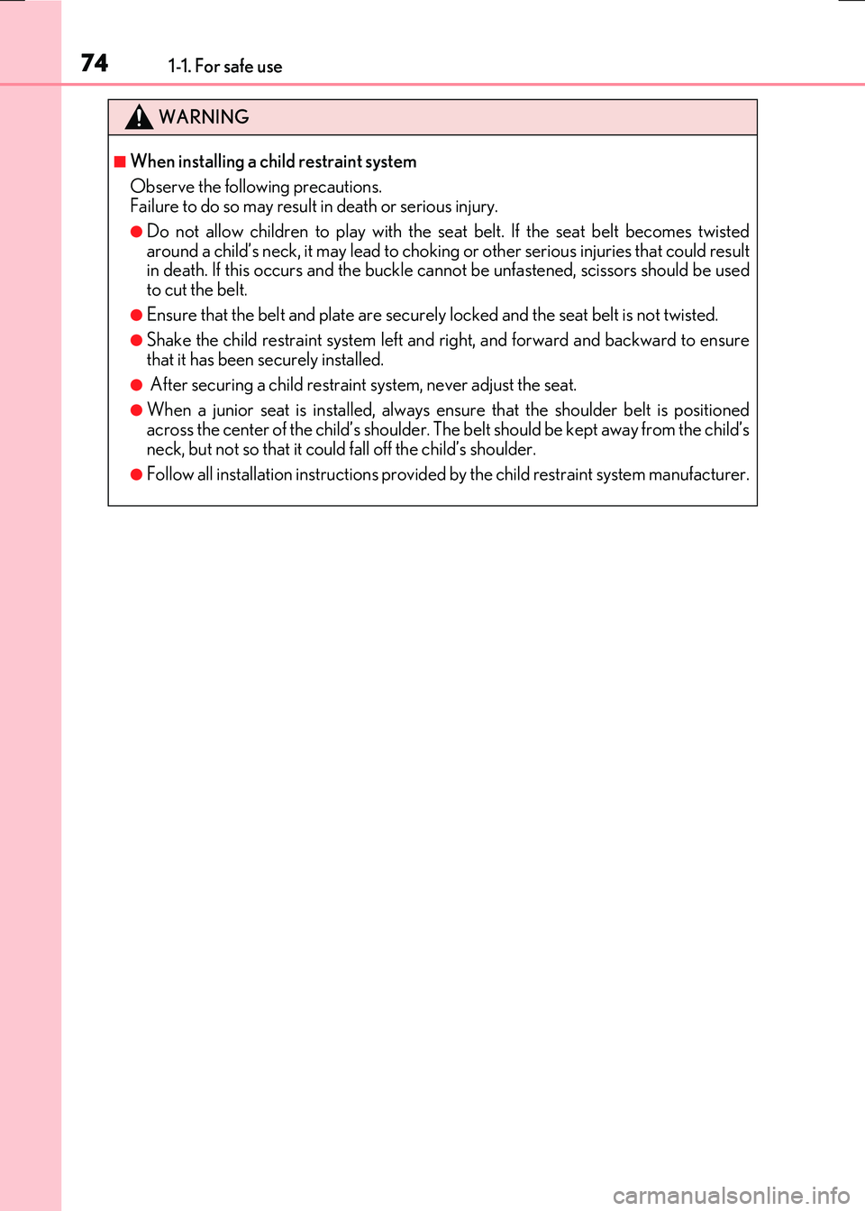 LEXUS RX300H 2017 Manual PDF 741-1. For safe use
RC300h_EE(OM24740E)
WARNING
■When installing a child restraint system
Observe the following precautions. Failure to do so may result in death or serious injury.
●Do not allow LEXUS RX300H 2017 Manual PDF 741-1. For safe use
RC300h_EE(OM24740E)
WARNING
■When installing a child restraint system
Observe the following precautions. Failure to do so may result in death or serious injury.
●Do not allow