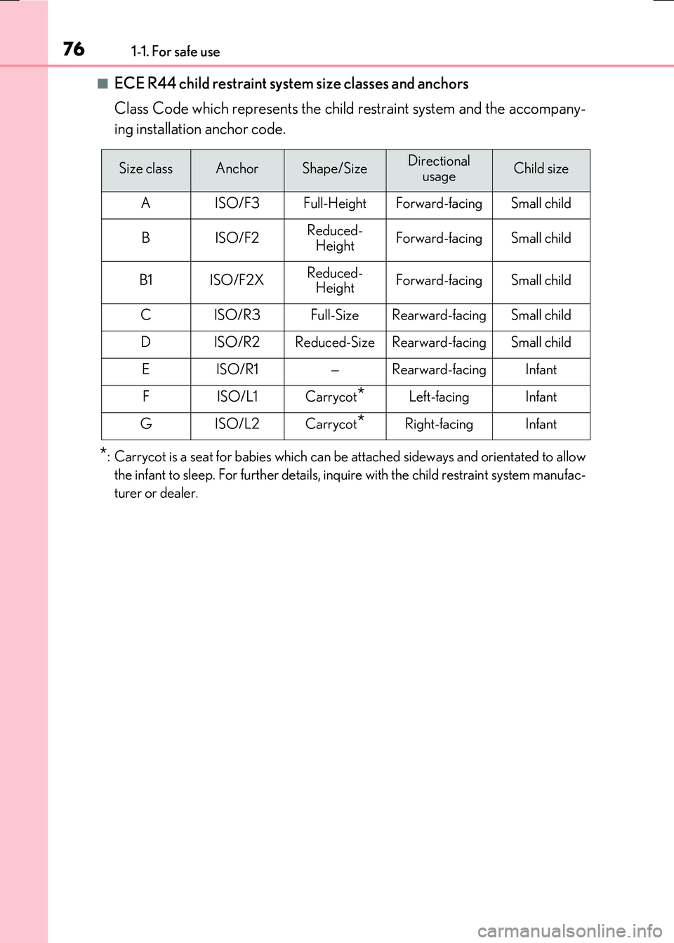 LEXUS RX300H 2017 Manual PDF 761-1. For safe use
RC300h_EE(OM24740E)
■ECE R44 child restraint system size classes and anchors
Class Code which represents the child restraint system and the accompany-
ing installation anchor c LEXUS RX300H 2017 Manual PDF 761-1. For safe use
RC300h_EE(OM24740E)
■ECE R44 child restraint system size classes and anchors
Class Code which represents the child restraint system and the accompany-
ing installation anchor c