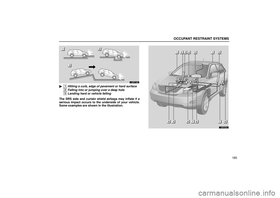 LEXUS RX330 2006  Owners Manual OCCUPANT RESTRAINT SYSTEMS
185
1Hitting a curb, edge of pavement or hard surface
2Falling into or jumping over a deep hole
3Landing hard or vehicle falling
The SRS side and curtain shield airbags may