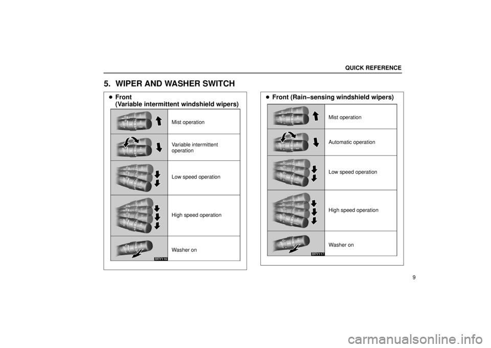 LEXUS RX330 2006 Owners Manual BRY116
(c/10)
Front 
(Variable intermittent windshield wipers)
Variable intermittent
operation
Washer on Mist operation
High speed operation Low speed operation
BRY117
(c/7)
Front (Rain�sensing wind