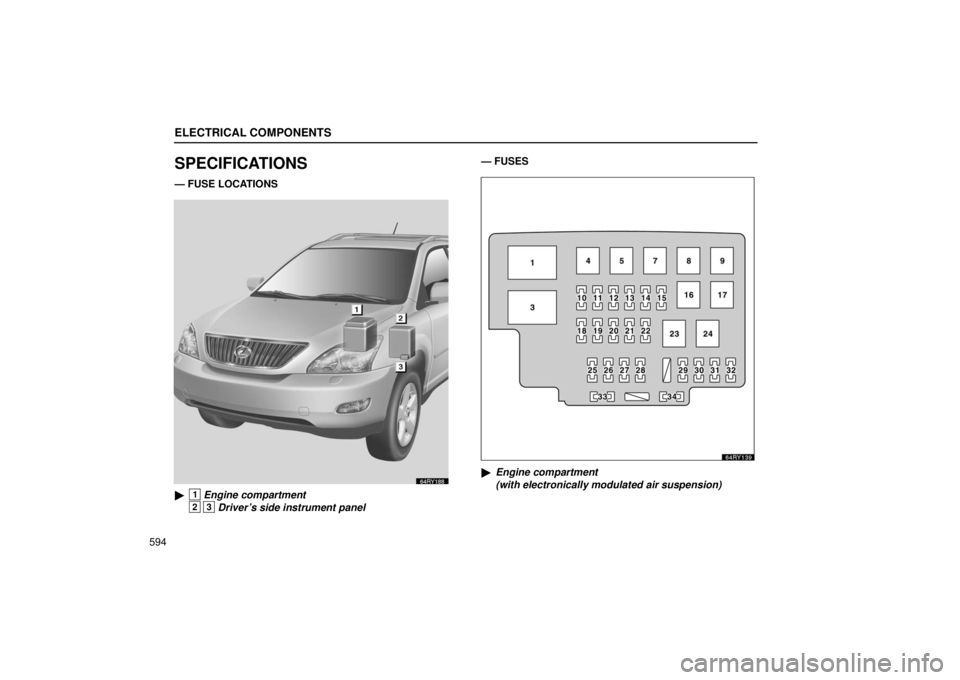 LEXUS RX330 2006 User Guide ELECTRICAL COMPONENTS
594
SPECIFICATIONS
— FUSE LOCATIONS 
1Engine compartment
2 3 Driver’s side instrument panel— FUSES

Engine compartment 
(with electronically modulated air suspension) 
