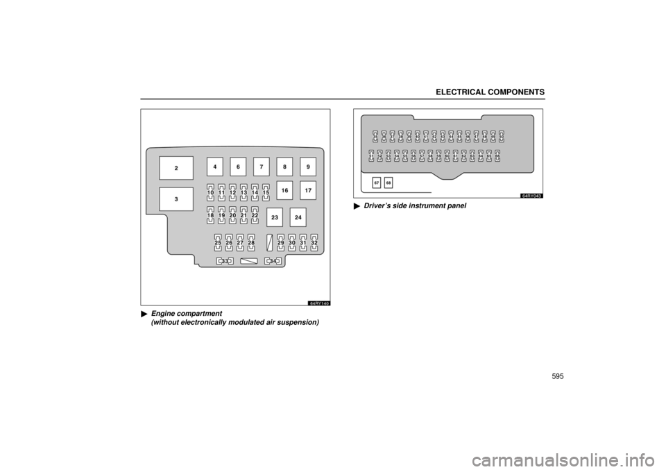 LEXUS RX330 2006  Owners Manual ELECTRICAL COMPONENTS
595
Engine compartment 
(without electronically modulated air suspension)
64RY043
Driver’s side instrument panel 
