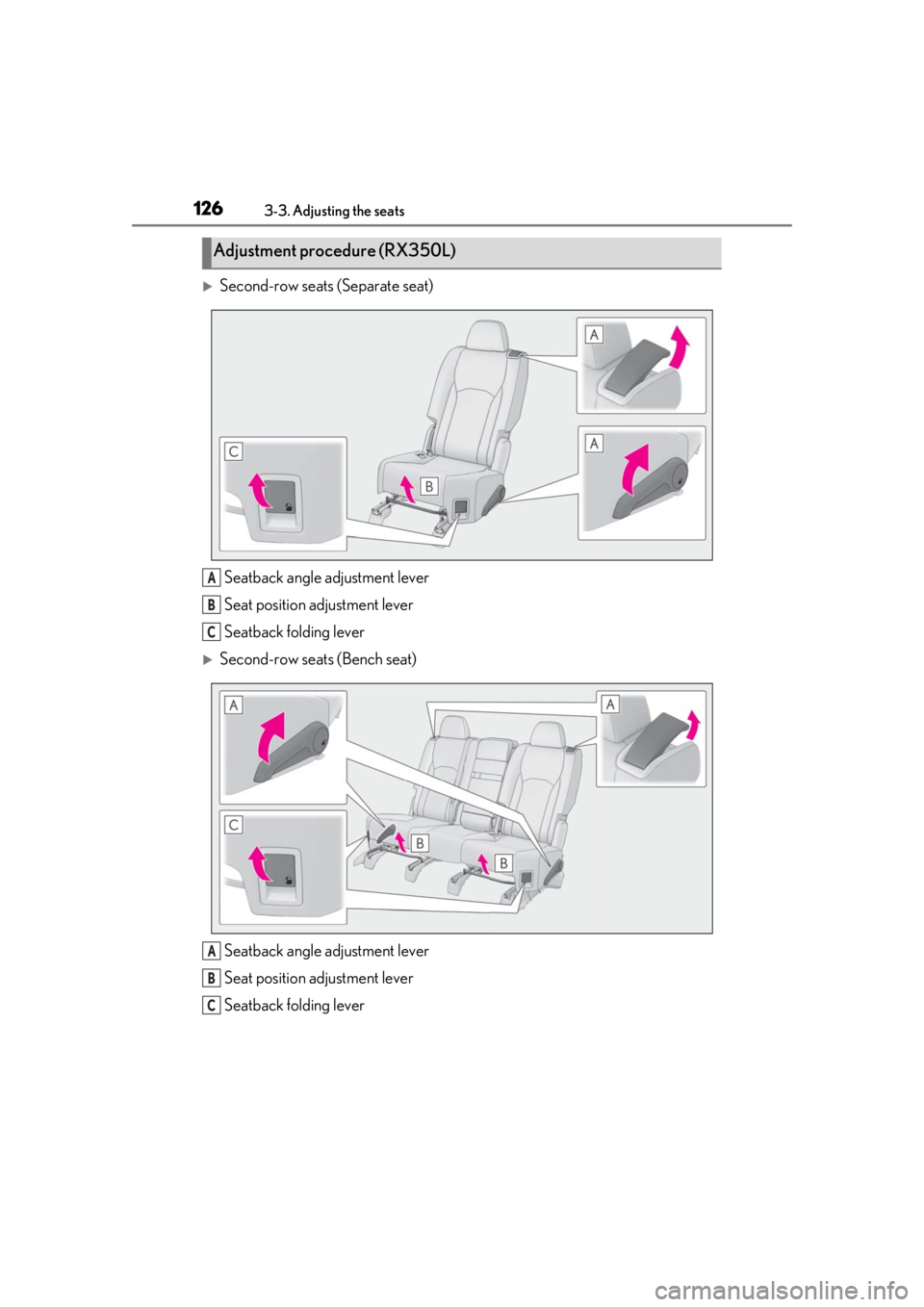 LEXUS RX350 2020  Owners Manual 1263-3. Adjusting the seats
Second-row seats (Separate seat)Seatback angle adjustment lever
Seat position adjustment lever
Seatback folding lever
Second-row seats (Bench seat)Seatback angle adju