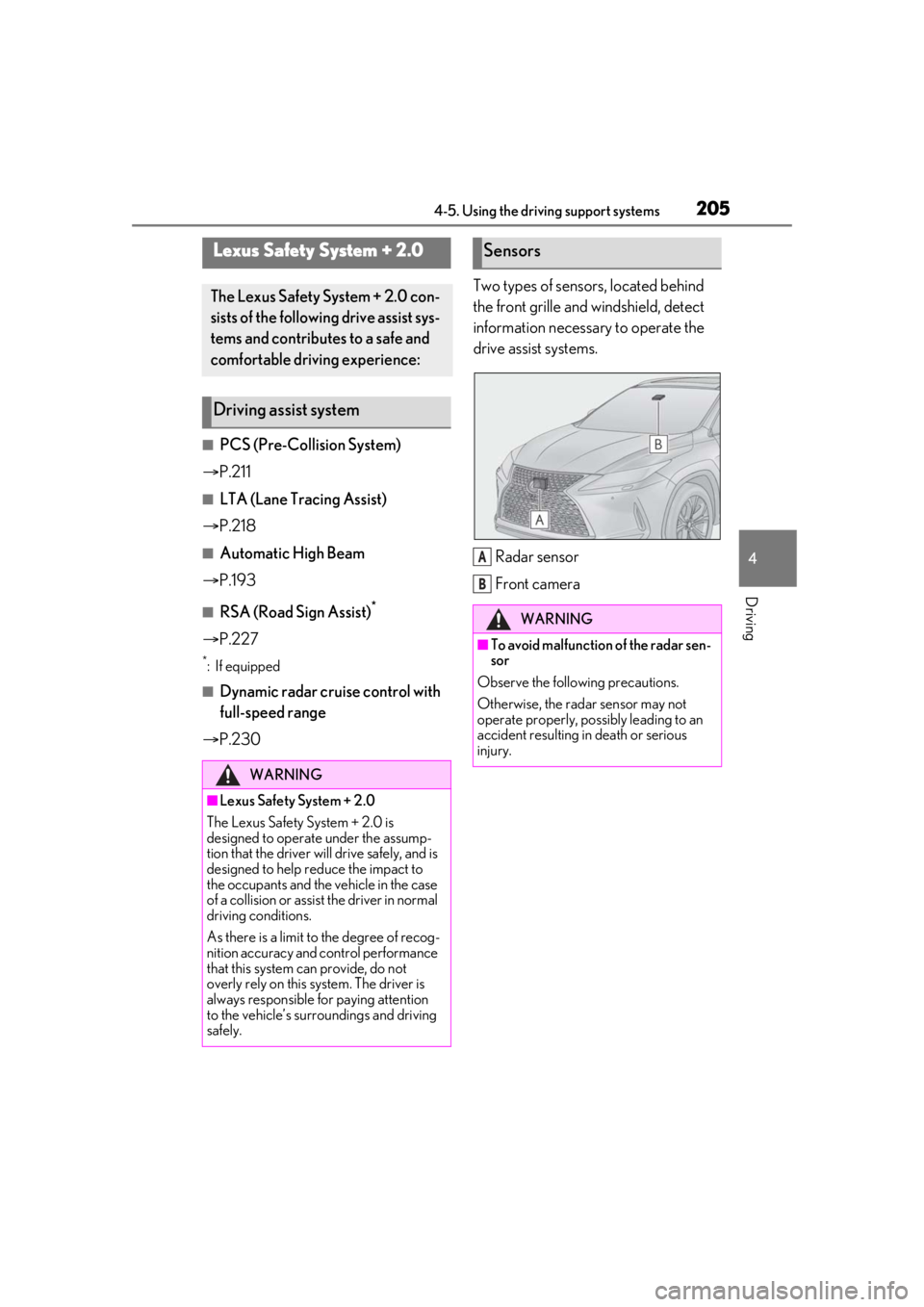 LEXUS RX350 2020 Owners Manual 2054-5. Using the driving support systems
4
Driving
4-5.Using the driving support systems
■PCS (Pre-Collision System)
P.211
■LTA (Lane Tracing Assist)
P.218
■Automatic High Beam
P.19 LEXUS RX350 2020 Owners Manual 2054-5. Using the driving support systems
4
Driving
4-5.Using the driving support systems
■PCS (Pre-Collision System)
P.211
■LTA (Lane Tracing Assist)
P.218
■Automatic High Beam
P.19