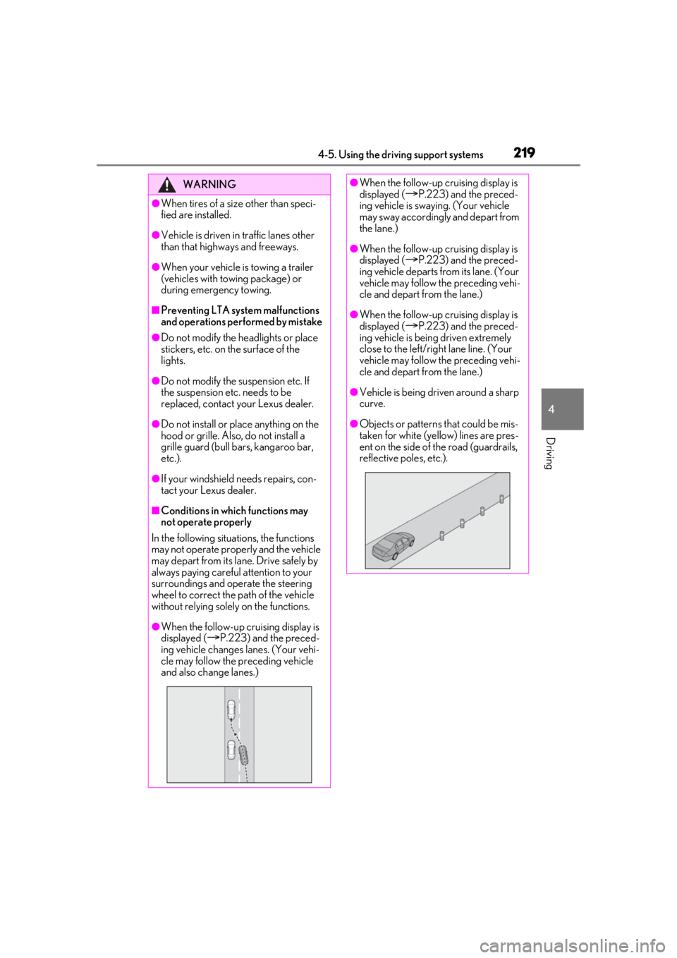 LEXUS RX350 2020 Owners Manual 2194-5. Using the driving support systems
4
Driving
WARNING
●When tires of a size other than speci-
fied are installed.
●Vehicle is driven in traffic lanes other
than that highways and freeways.
LEXUS RX350 2020 Owners Manual 2194-5. Using the driving support systems
4
Driving
WARNING
●When tires of a size other than speci-
fied are installed.
●Vehicle is driven in traffic lanes other
than that highways and freeways.