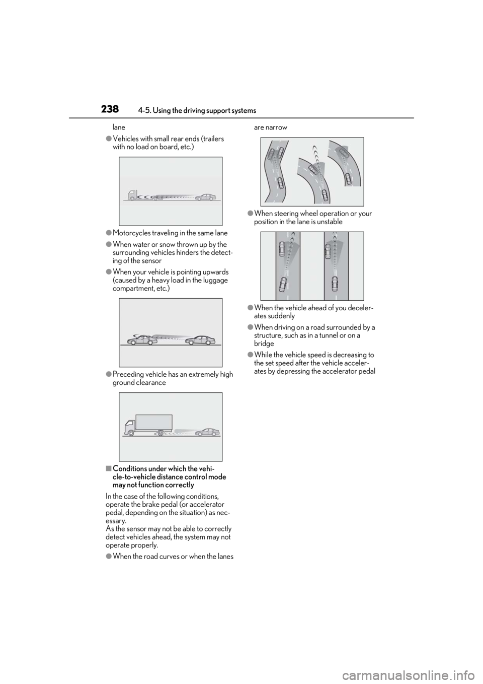 LEXUS RX350 2020 Owners Guide 2384-5. Using the driving support systems
lane
●Vehicles with small rear ends (trailers
with no load on board, etc.)
●Motorcycles traveling in the same lane
●When water or snow thrown up by the LEXUS RX350 2020 Owners Guide 2384-5. Using the driving support systems
lane
●Vehicles with small rear ends (trailers
with no load on board, etc.)
●Motorcycles traveling in the same lane
●When water or snow thrown up by the