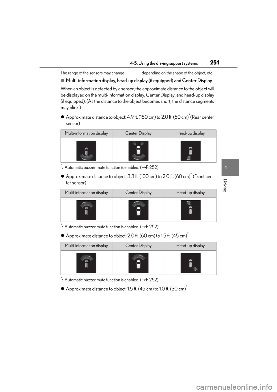 LEXUS RX350 2020 Service Manual 2514-5. Using the driving support systems
4
Driving
The range of the sensors may change  depending on the shape of the object, etc.
■Multi-information display, head-up display (if equipped) and Cent