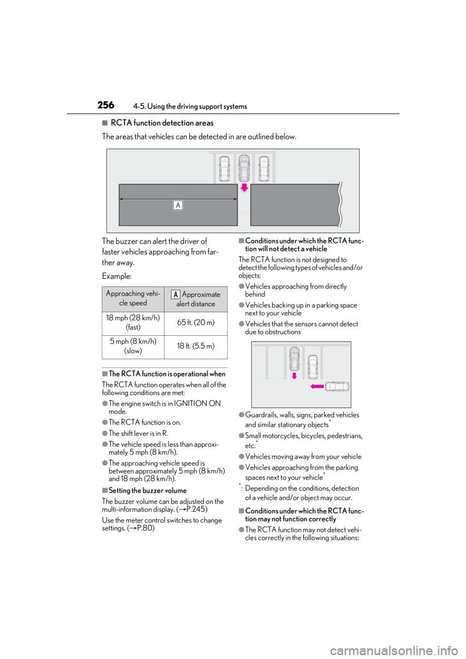 LEXUS RX350 2020 Service Manual 2564-5. Using the driving support systems
■RCTA function detection areas
The areas that vehicles can be detected in are outlined below.
The buzzer can alert the driver of 
faster vehicles approachin