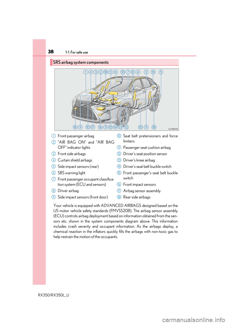 LEXUS RX350L 2019 Owners Manual 381-1. For safe use
RX350/RX350L_U
Your vehicle is equipped with ADVANCED AIRBAGS designed based on the
US motor vehicle safety standards (F MVSS208). The airbag sensor assembly
(ECU) controls airbag LEXUS RX350L 2019 Owners Manual 381-1. For safe use
RX350/RX350L_U
Your vehicle is equipped with ADVANCED AIRBAGS designed based on the
US motor vehicle safety standards (F MVSS208). The airbag sensor assembly
(ECU) controls airbag