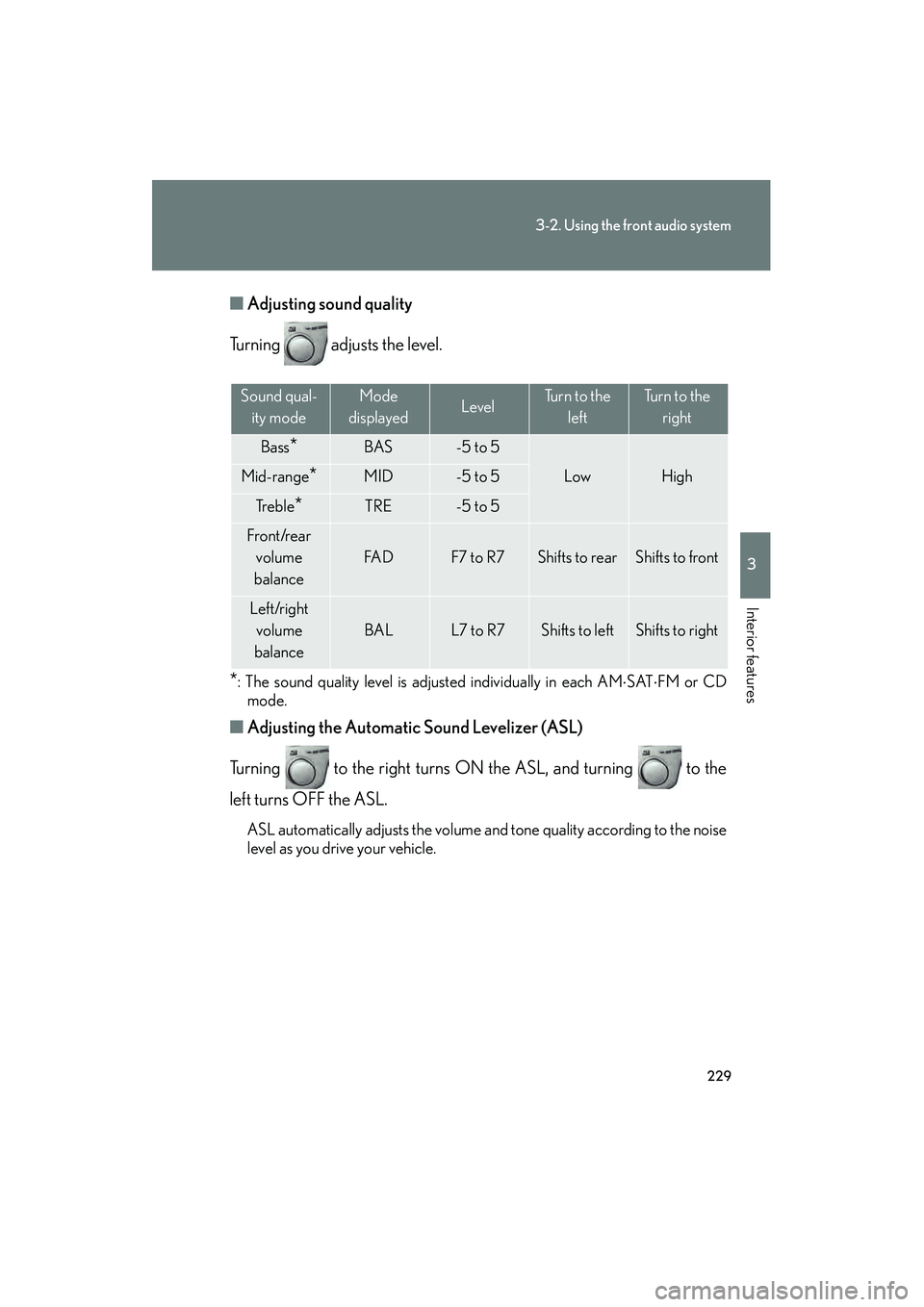 LEXUS RX400H 2008  Owners Manual 229
3-2. Using the front audio system
3
Interior features
RX400h_U■
Adjusting sound quality
Turning   adjusts the level.
*: The sound quality level is adjusted individually in each AM ⋅SAT ⋅FM o