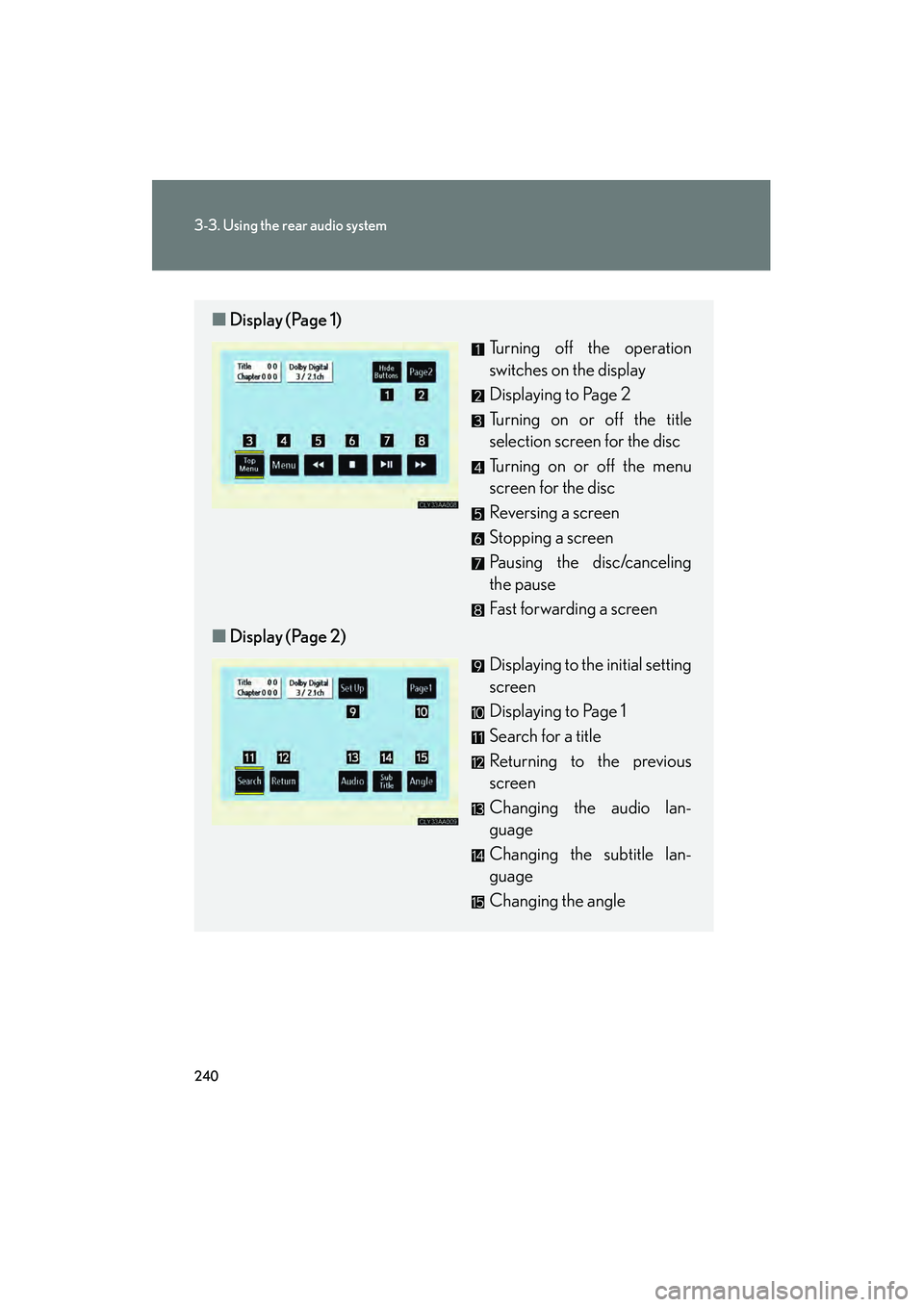 LEXUS RX400H 2008 Owners Manual 240
3-3. Using the rear audio system
RX400h_U
■Display (Page 1)
Turning off the operation
switches on the display
Displaying to Page 2
Turning on or off the title
selection screen for the disc
Turni LEXUS RX400H 2008 Owners Manual 240
3-3. Using the rear audio system
RX400h_U
■Display (Page 1)
Turning off the operation
switches on the display
Displaying to Page 2
Turning on or off the title
selection screen for the disc
Turni