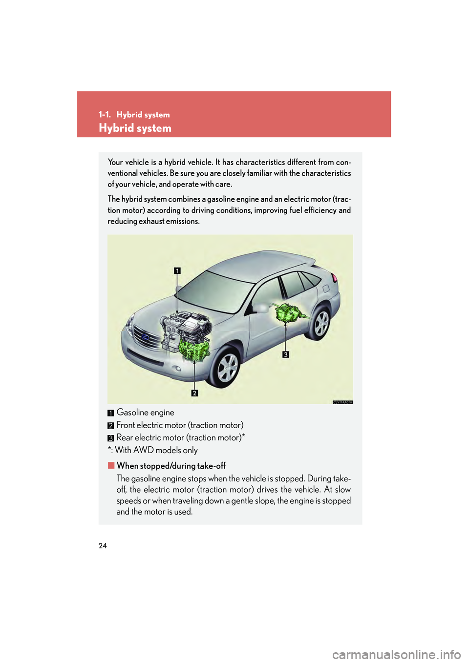 LEXUS RX400H 2008  Owners Manual 24
RX400h_U
1-1. Hybrid system
Hybrid system
Your vehicle is a hybrid vehicle. It has characteristics different from con-
ventional vehicles. Be sure you are closely familiar with the characteristics
