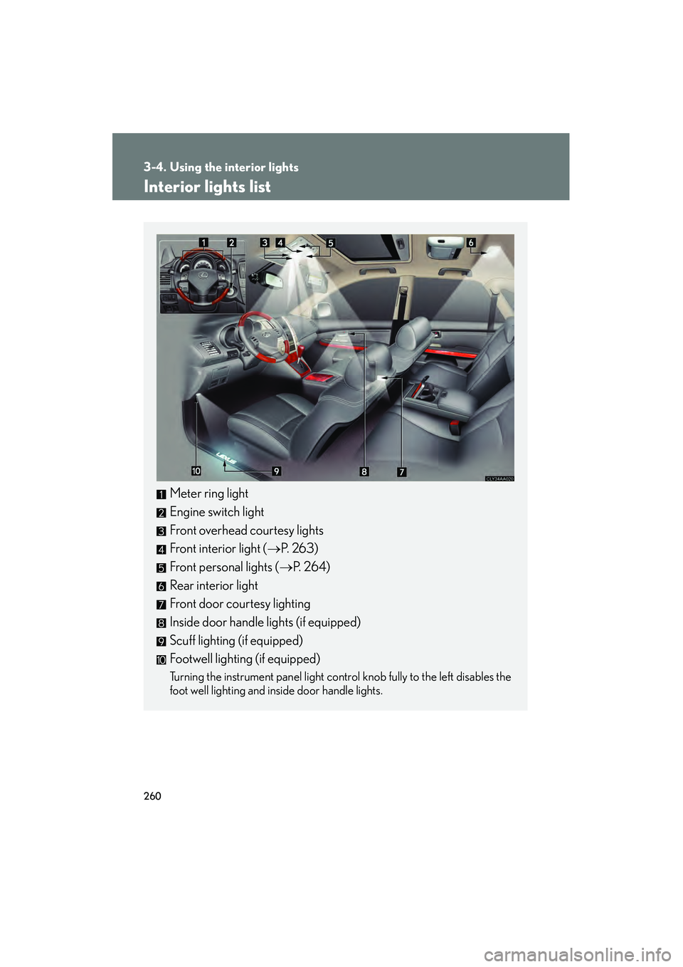 LEXUS RX400H 2008  Owners Manual 260
RX400h_U
3-4. Using the interior lights
Interior lights list
Meter ring light
Engine switch light
Front overhead courtesy lights
Front interior light (→P. 263)
Front personal lights ( →P.  2 6