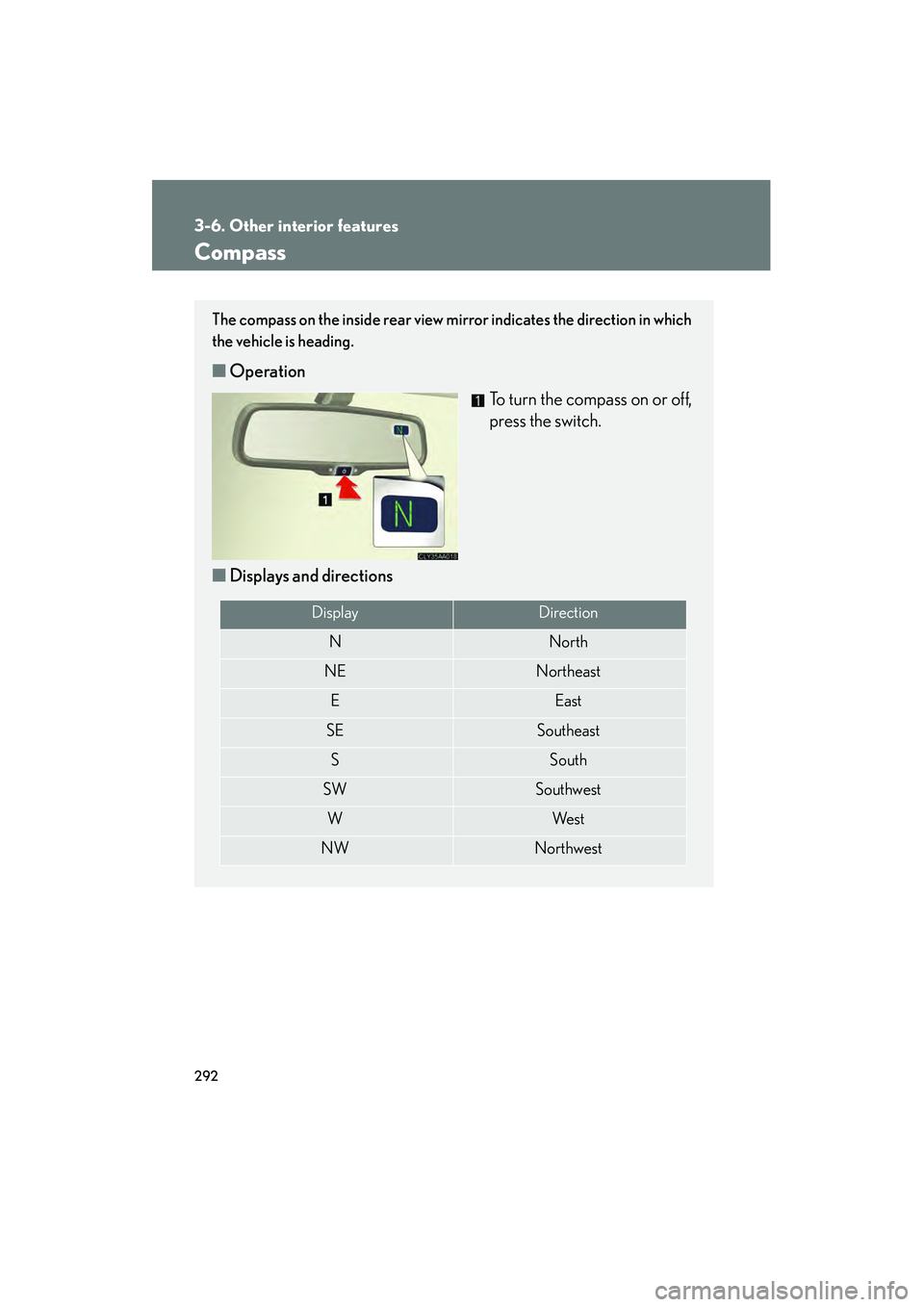 LEXUS RX400H 2008 Owners Manual 292
3-6. Other interior features
RX400h_U
Compass
The compass on the inside rear view mirror indicates the direction in which
the vehicle is heading.
■Operation
To turn the compass on or off,
press LEXUS RX400H 2008 Owners Manual 292
3-6. Other interior features
RX400h_U
Compass
The compass on the inside rear view mirror indicates the direction in which
the vehicle is heading.
■Operation
To turn the compass on or off,
press