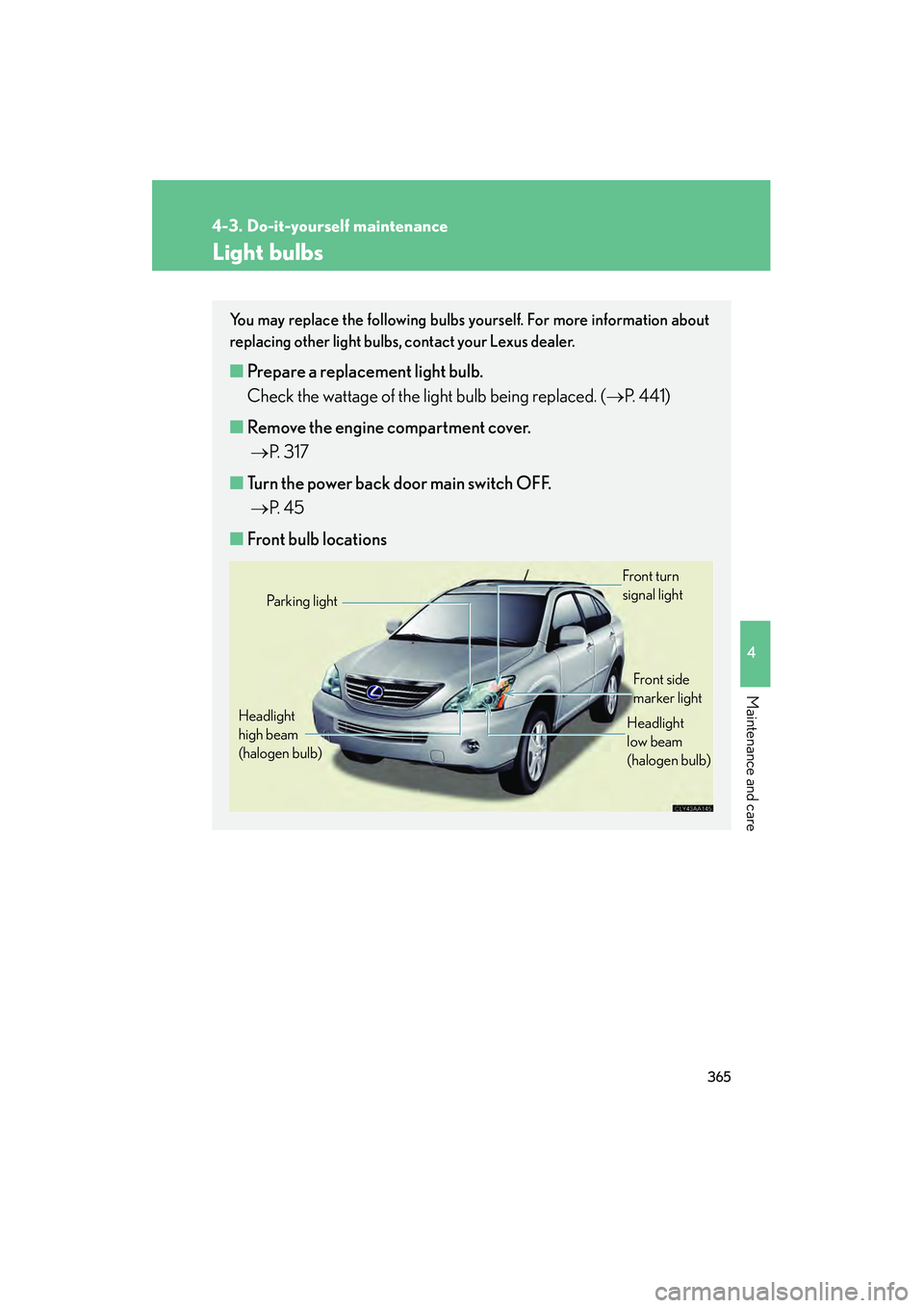LEXUS RX400H 2008 Owners Manual 365
4-3. Do-it-yourself maintenance
4
Maintenance and care
RX400h_U
Light bulbs
You may replace the following bulbs yourself. For more information about
replacing other light bulbs, contact your Lexus
