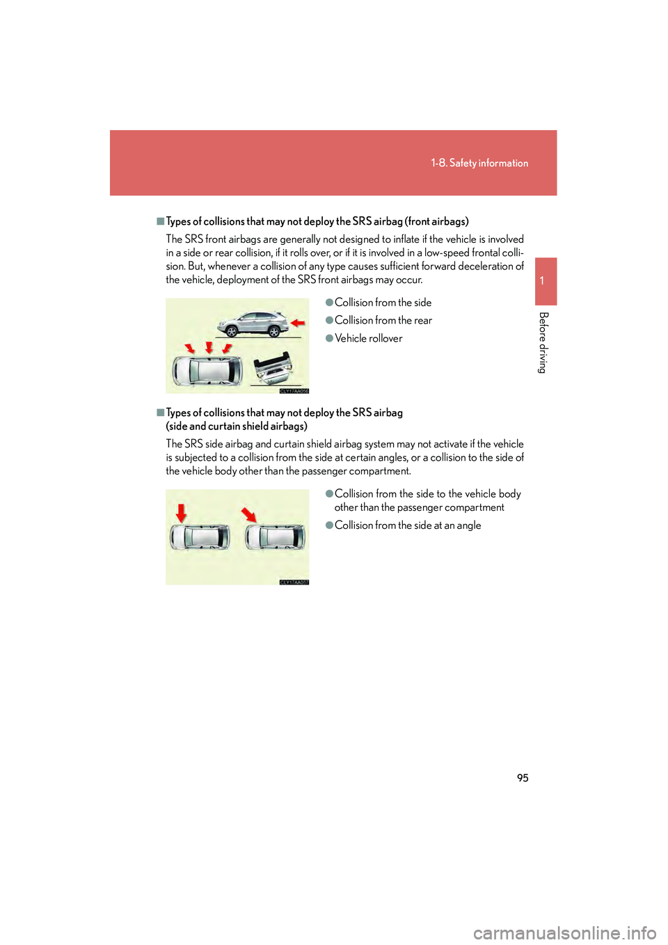 LEXUS RX400H 2008 Owners Manual 95
1-8. Safety information
1
Before driving
RX400h_U
■Types of collisions that may not deploy the SRS airbag (front airbags)
The SRS front airbags are generally not designed to inflate if the vehicl LEXUS RX400H 2008 Owners Manual 95
1-8. Safety information
1
Before driving
RX400h_U
■Types of collisions that may not deploy the SRS airbag (front airbags)
The SRS front airbags are generally not designed to inflate if the vehicl