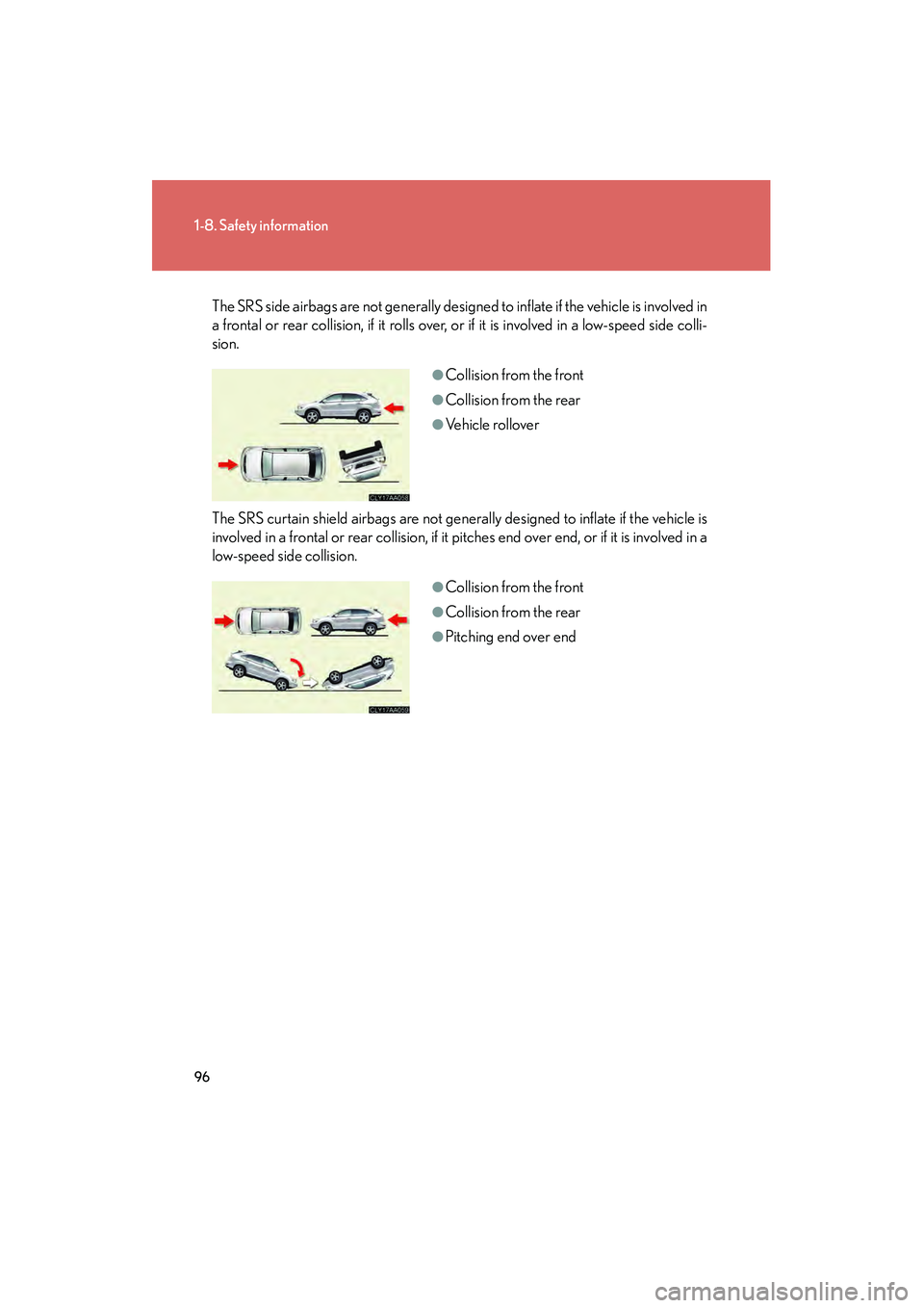 LEXUS RX400H 2008 Owners Manual 96
1-8. Safety information
RX400h_U
The SRS side airbags are not generally designed to inflate if the vehicle is involved in
a frontal or rear collision, if it rolls over, or if it is involved in a lo LEXUS RX400H 2008 Owners Manual 96
1-8. Safety information
RX400h_U
The SRS side airbags are not generally designed to inflate if the vehicle is involved in
a frontal or rear collision, if it rolls over, or if it is involved in a lo