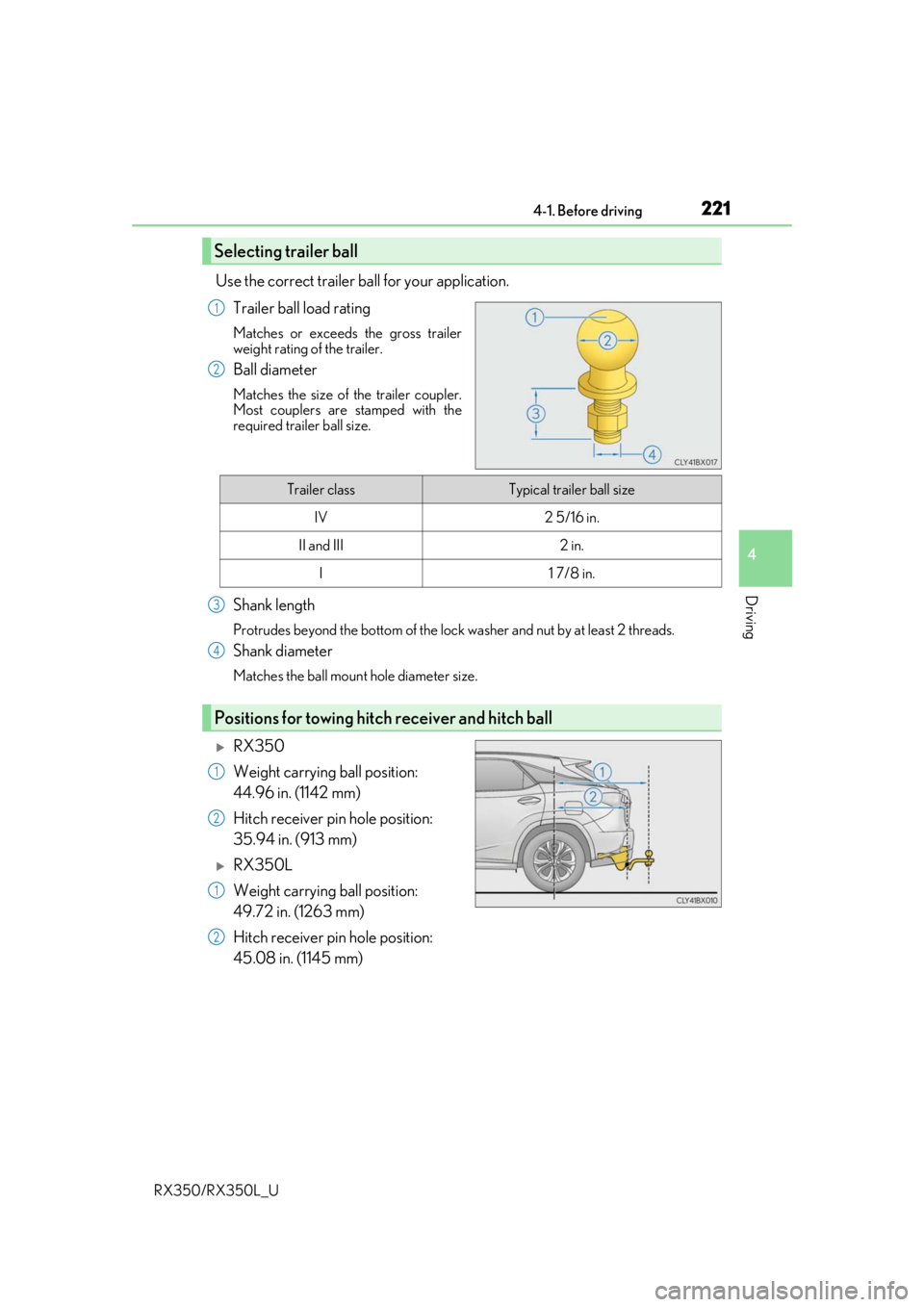 LEXUS RX450H 2020  Owners Manual 2214-1. Before driving
4
Driving
RX350/RX350L_U
Use the correct trailer ball for your application.Trailer ball load rating
Matches or exceeds the gross trailer
weight rating of the trailer.
Ball diame