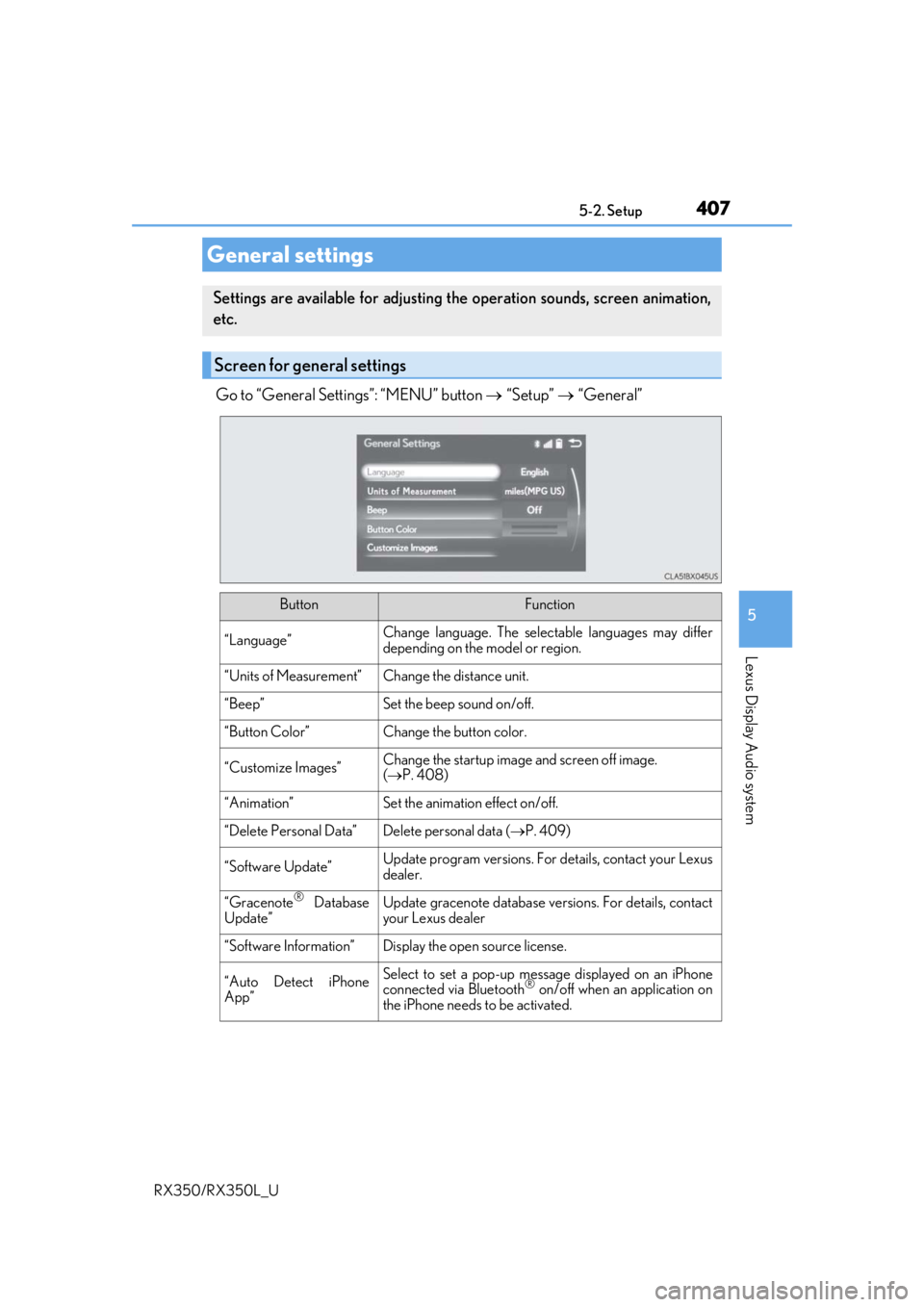 LEXUS RX450H 2020 Owners Manual 4075-2. Setup
5
Lexus Display Audio system
RX350/RX350L_U
Go to “General Settings”: “MENU” button “Setup” “General”
General settings
Settings are available for adjusting t LEXUS RX450H 2020 Owners Manual 4075-2. Setup
5
Lexus Display Audio system
RX350/RX350L_U
Go to “General Settings”: “MENU” button “Setup” “General”
General settings
Settings are available for adjusting t