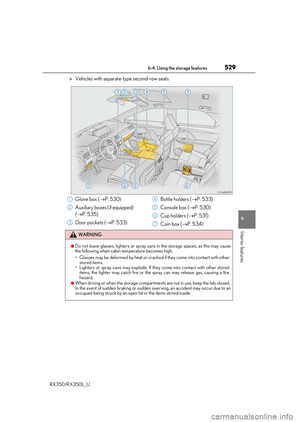 LEXUS RX450H 2020  Owners Manual 5296-4. Using the storage features
6
Interior features
RX350/RX350L_U
Vehicles with separate-type second-row seats
Glove box (P. 530)
Auxiliary boxes (if equipped) 
( P. 535)
Door pockets (