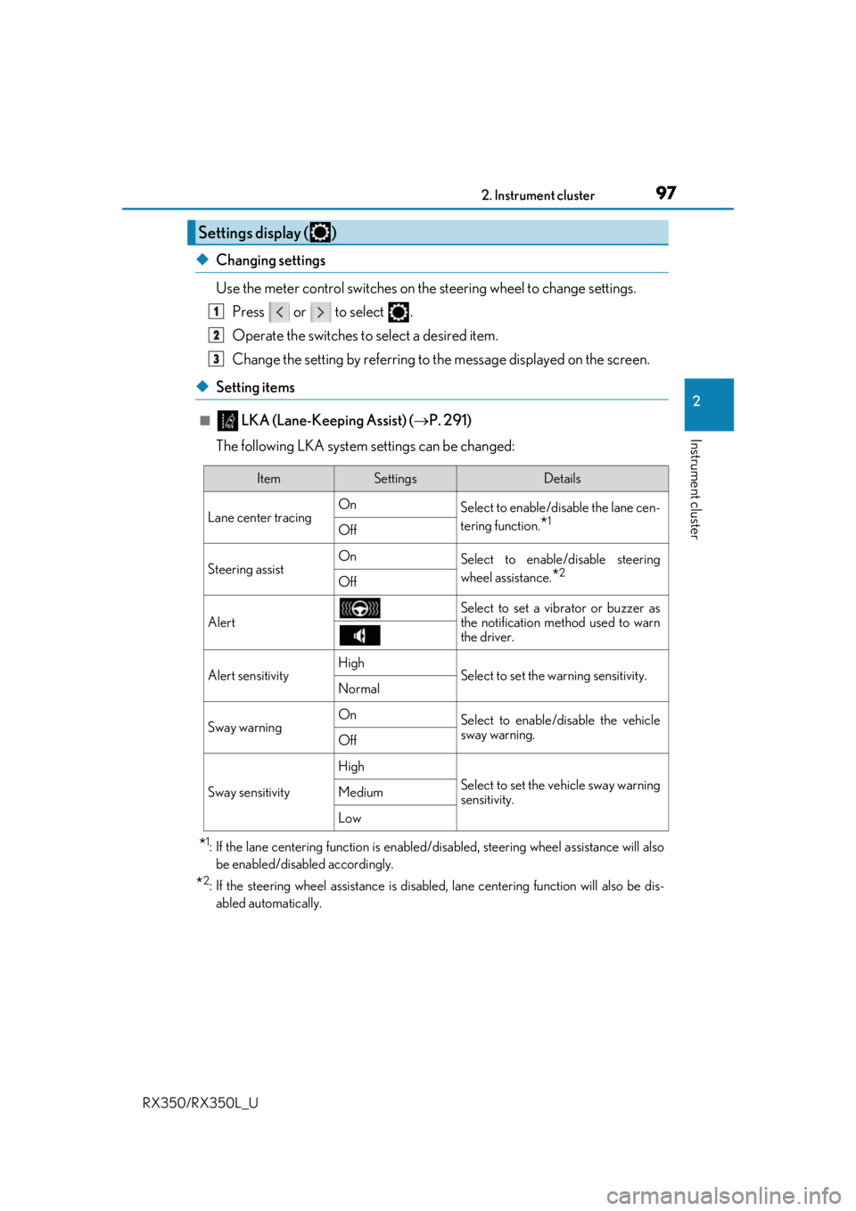 LEXUS RX450H 2020  Owners Manual 972. Instrument cluster
2
Instrument cluster
RX350/RX350L_U
◆Changing settings
Use the meter control switches on the steering wheel to change settings.
Press  or  to select .
Operate the switches to