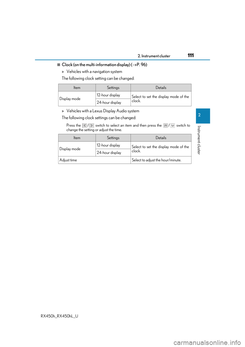 LEXUS RX450H 2019 Owners Manual 1112. Instrument cluster
2
Instrument cluster
RX450h_RX450hL_U
■Clock (on the multi-information display) (P. 96)
Vehicles with a navigation system
The following clock setting can be changed:
LEXUS RX450H 2019 Owners Manual 1112. Instrument cluster
2
Instrument cluster
RX450h_RX450hL_U
■Clock (on the multi-information display) (P. 96)
Vehicles with a navigation system
The following clock setting can be changed: