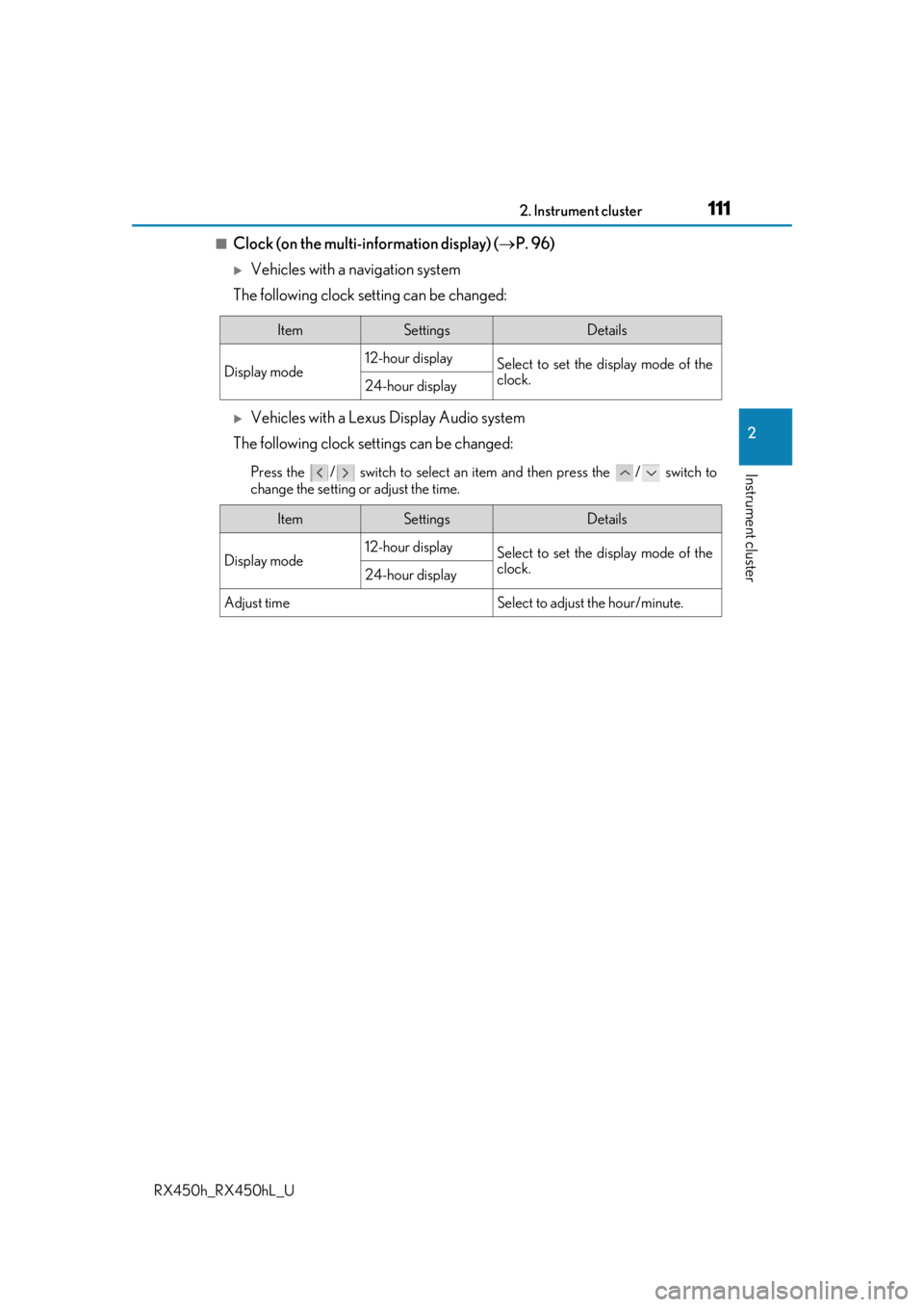 LEXUS RX450H 2019  Owners Manual 1112. Instrument cluster
2
Instrument cluster
RX450h_RX450hL_U
■Clock (on the multi-information display) (P. 96)
Vehicles with a navigation system
The following clock setting can be changed:
�