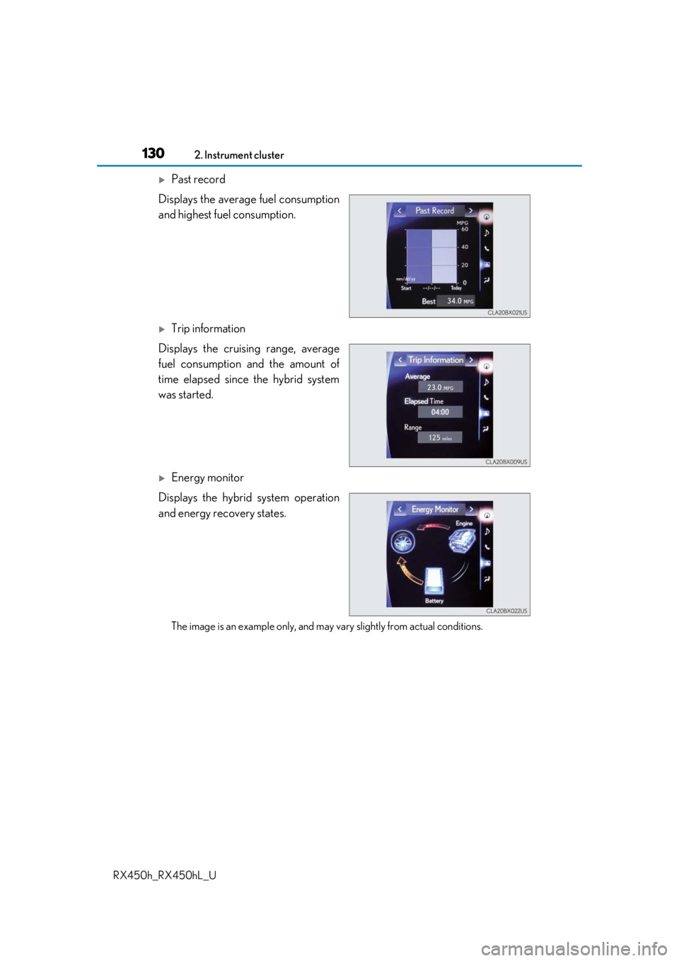 LEXUS RX450H 2019  Owners Manual 1302. Instrument cluster
RX450h_RX450hL_U
Past record
Displays the average fuel consumption
and highest fuel consumption.
Trip information
Displays the cruising range, average
fuel consumption a