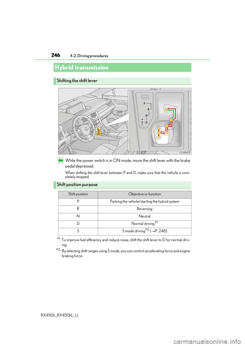 LEXUS RX450H 2019 Owners Manual 2464-2. Driving procedures
RX450h_RX450hL_U
While the power switch is in ON mode, move the shift lever with the brake
pedal depressed.
When shifting the shift lever between P and D, make sure that the LEXUS RX450H 2019 Owners Manual 2464-2. Driving procedures
RX450h_RX450hL_U
While the power switch is in ON mode, move the shift lever with the brake
pedal depressed.
When shifting the shift lever between P and D, make sure that the