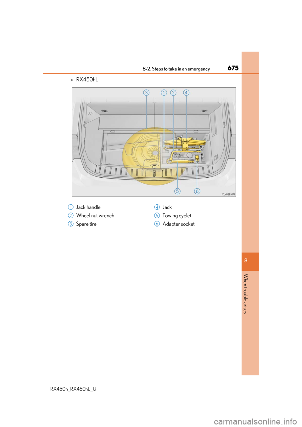LEXUS RX450H 2019 Owners Manual 6758-2. Steps to take in an emergency
8
When trouble arises
RX450h_RX450hL_U
RX450hL
Jack handle
Wheel nut wrench
Spare tireJack
Towing eyelet
Adapter socket1
2
3
4
5
6 LEXUS RX450H 2019 Owners Manual 6758-2. Steps to take in an emergency
8
When trouble arises
RX450h_RX450hL_U
RX450hL
Jack handle
Wheel nut wrench
Spare tireJack
Towing eyelet
Adapter socket1
2
3
4
5
6