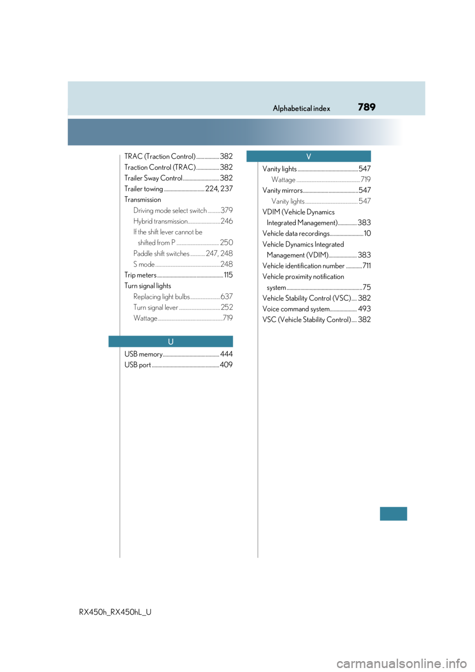 LEXUS RX450H 2019  Owners Manual 789Alphabetical index
RX450h_RX450hL_U
TRAC (Traction Control) ................. 382
Traction Control (TRAC) ................. 382
Trailer Sway Control........................... 382
Trailer towing ..