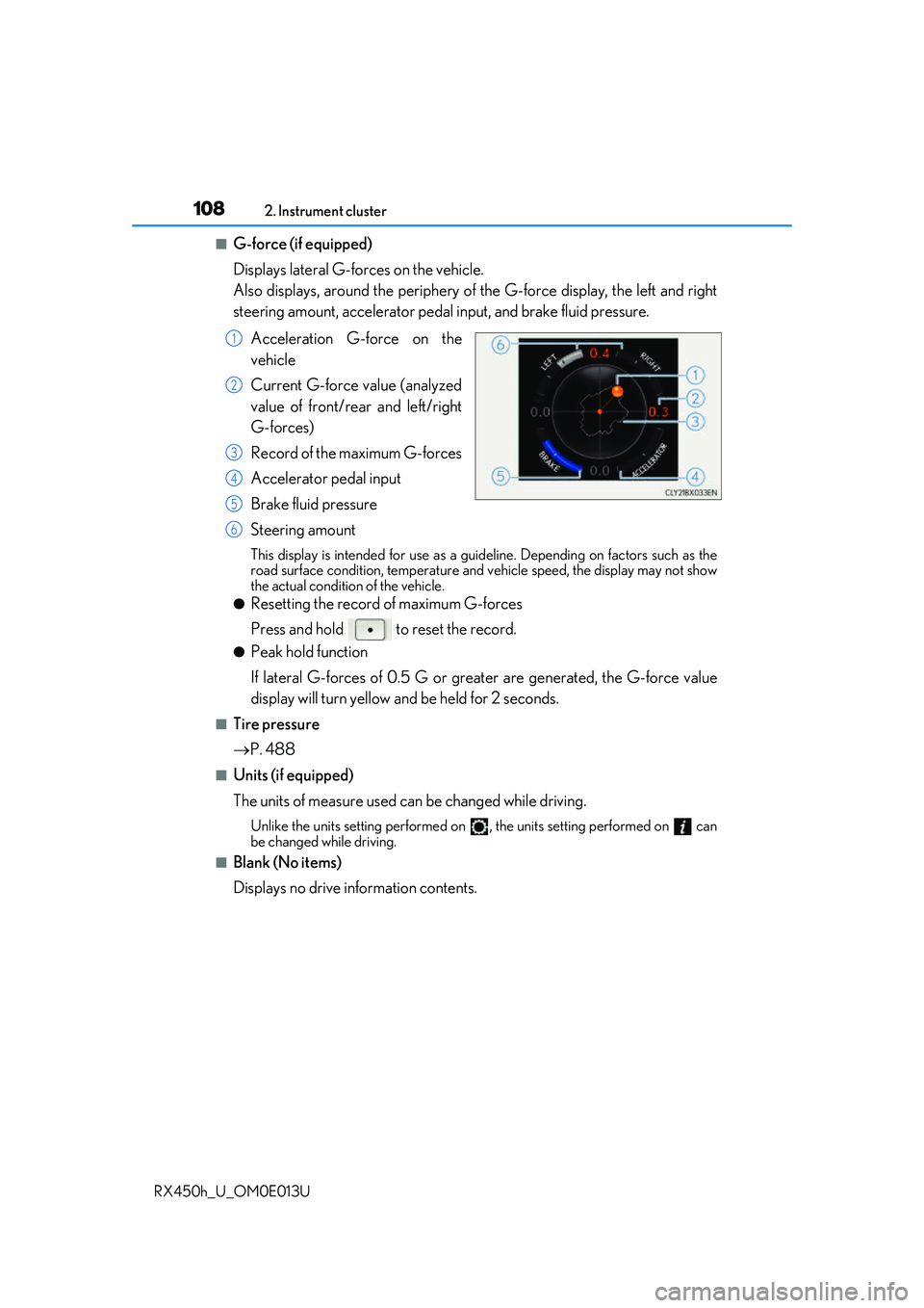 LEXUS RX450H 2016 Owners Manual 1082. Instrument cluster
RX450h_U_OM0E013U
■G-force (if equipped)
Displays lateral G-forces on the vehicle.
Also displays, around the periphery of the G-force display, the left and right
steering LEXUS RX450H 2016 Owners Manual 1082. Instrument cluster
RX450h_U_OM0E013U
■G-force (if equipped)
Displays lateral G-forces on the vehicle.
Also displays, around the periphery of the G-force display, the left and right
steering