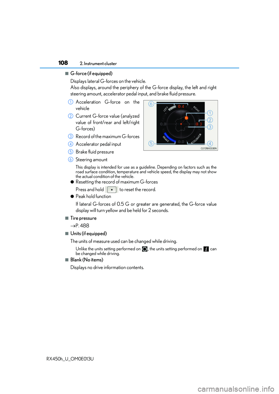 LEXUS RX450H 2016  Owners Manual 1082. Instrument cluster
RX450h_U_OM0E013U
■G-force (if equipped) 
Displays lateral G-forces on the vehicle. 
Also displays, around the periphery of  the G-force display, the left and right
steering