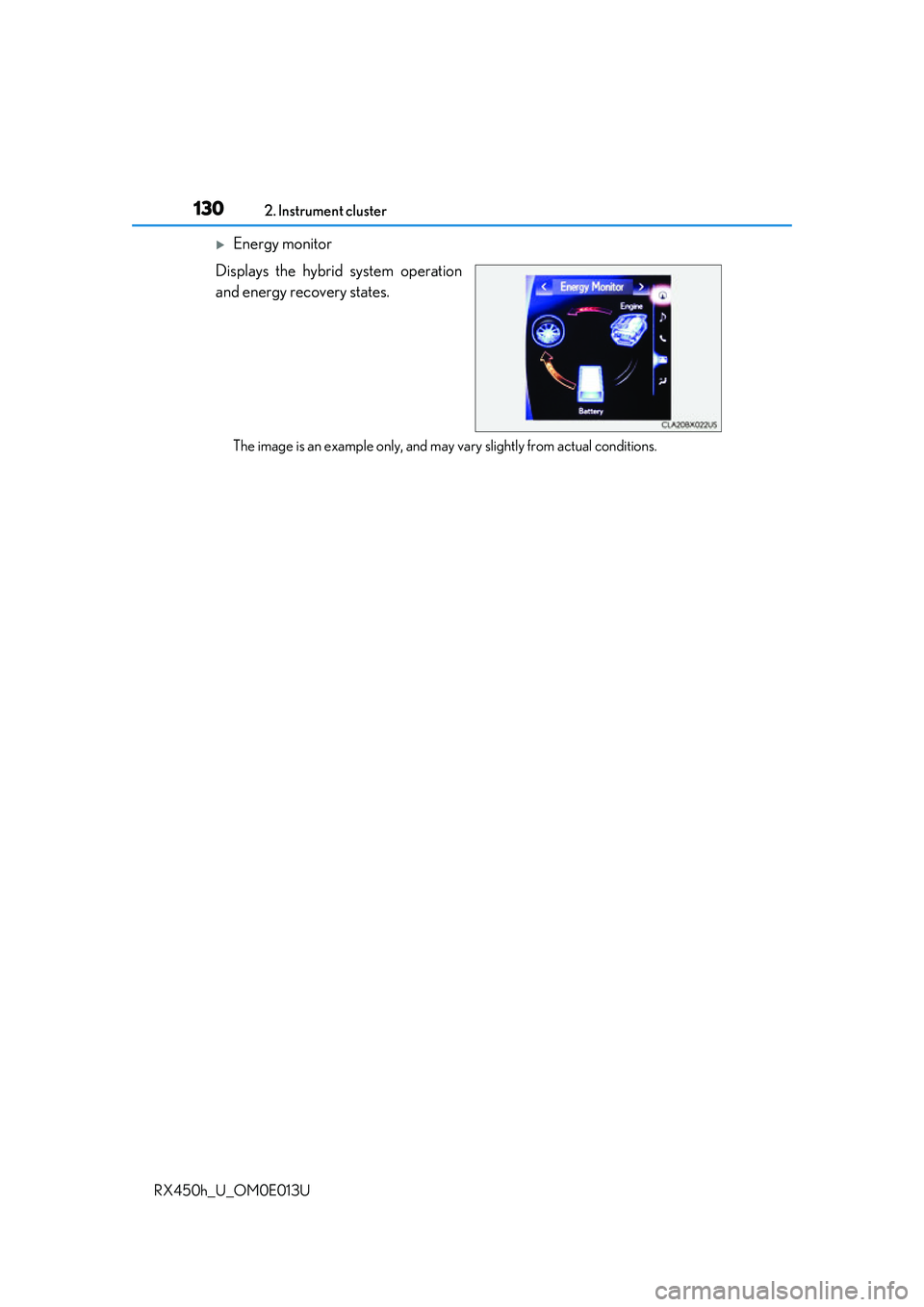 LEXUS RX450H 2016 Owners Manual 1302. Instrument cluster
RX450h_U_OM0E013U
Energy monitor
Displays the hybrid system operation
and energy recovery states.
The image is an example only, and may va ry slightly from actual condition LEXUS RX450H 2016 Owners Manual 1302. Instrument cluster
RX450h_U_OM0E013U
Energy monitor
Displays the hybrid system operation
and energy recovery states.
The image is an example only, and may va ry slightly from actual condition