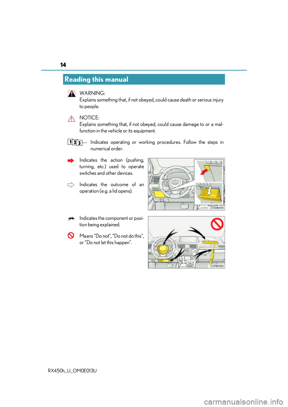 LEXUS RX450H 2016 User Guide 14
RX450h_U_OM0E013U
WARNING: 
Explains something that, if not obeyed, could cause death or serious injury
to people.
NOTICE: 
Explains something that, if not obey ed, could cause damage to or a mal-
