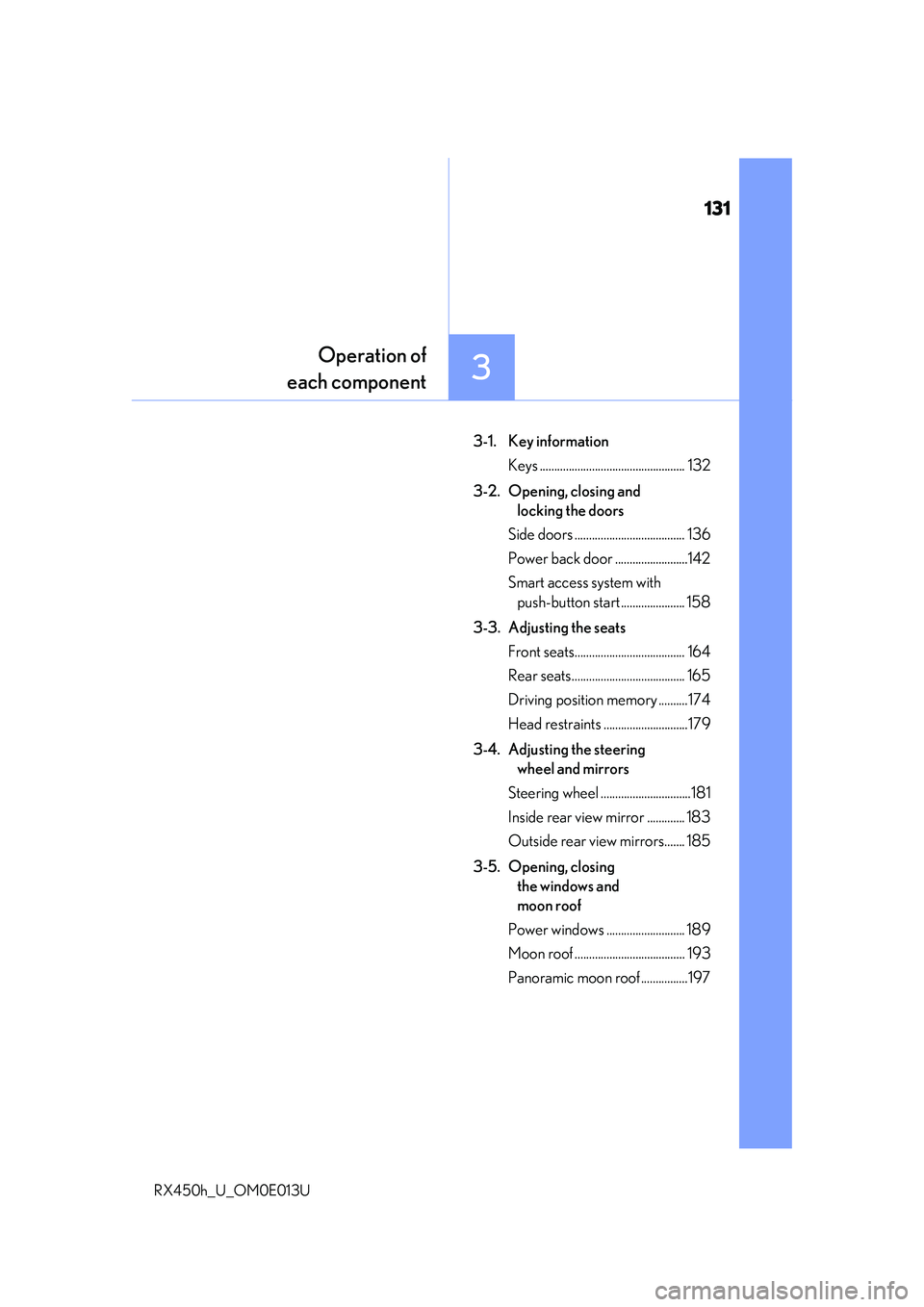 LEXUS RX450H 2016  Owners Manual 131
3
Operation of
each component
RX450h_U_OM0E013U
3-1. Key information
Keys .................................................. 132
3-2.  Opening, closing and  locking the doors
Side doors ..........